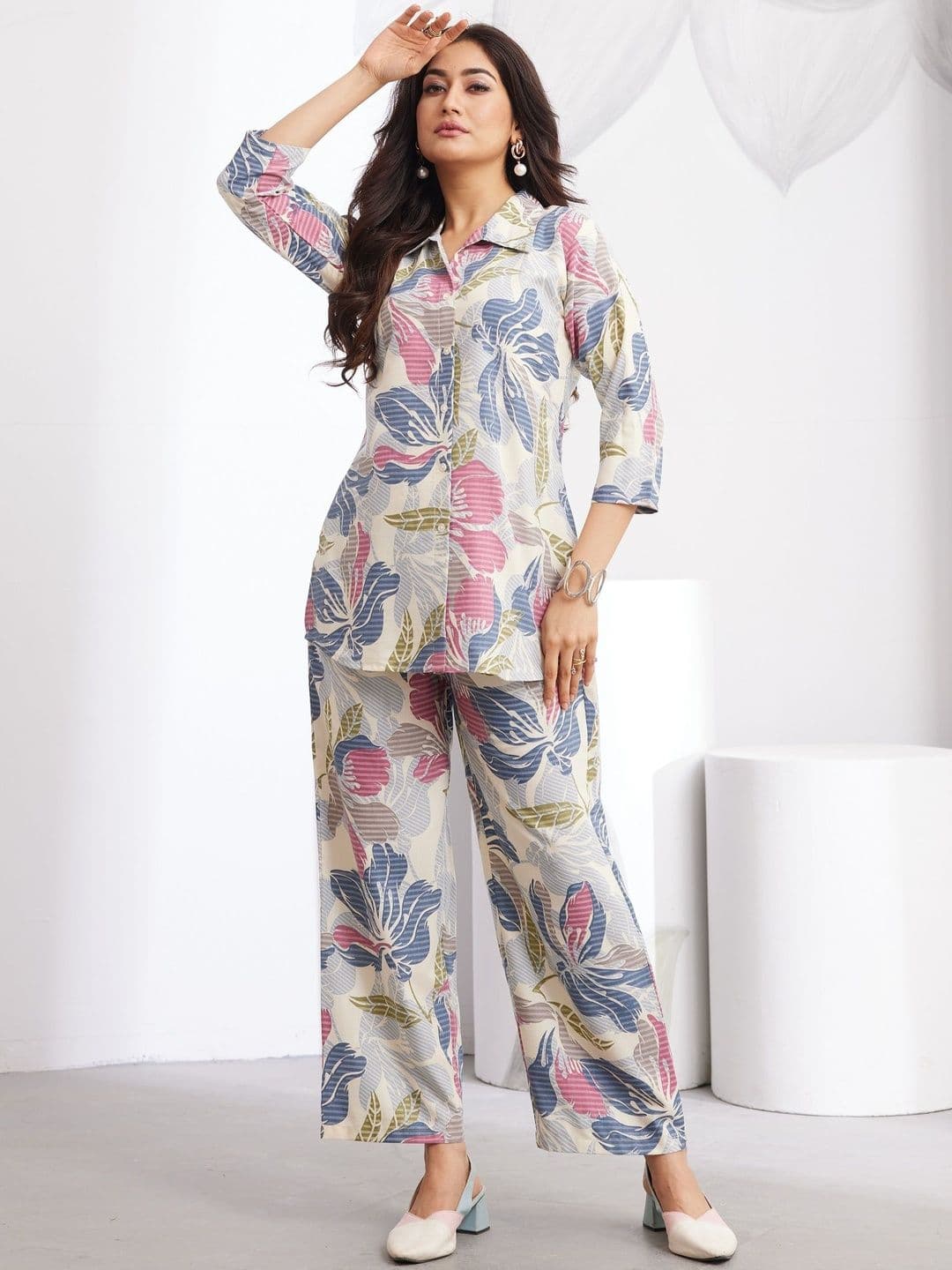 Sangria Tropical Printed Shirt with Palazzos - view 1