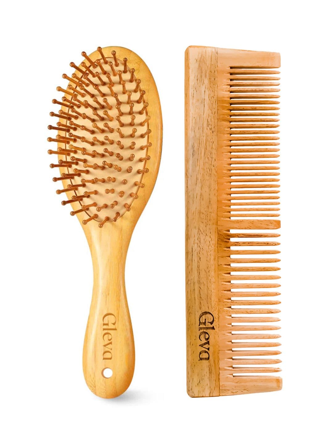 Gleva Set of 2 Neem & Bamboo Wooden Detangling Brush & Comb - Brown - view 1