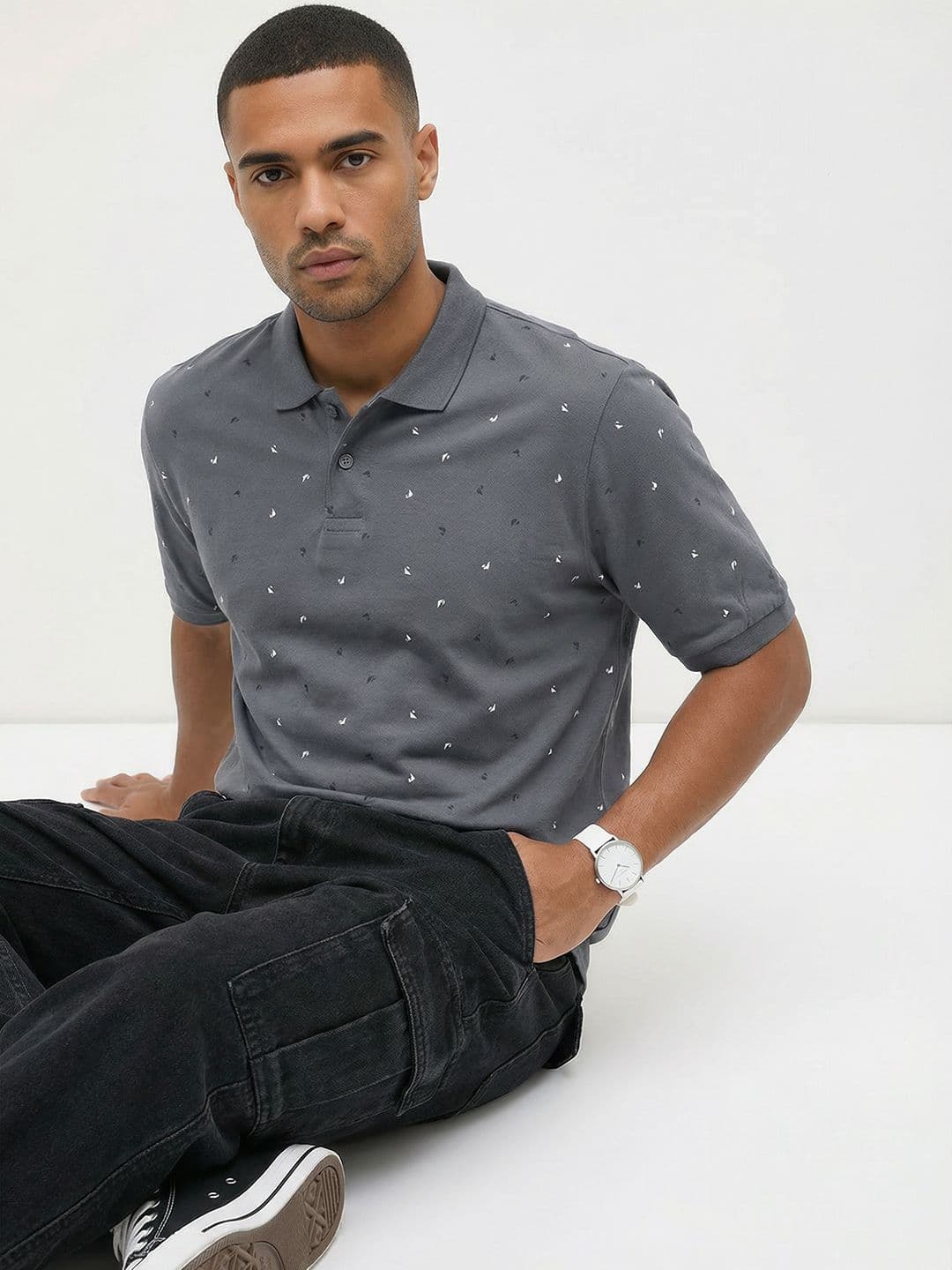 The Roadster Life Co. Nautical Print Pure Cotton Relaxed Fit Polo Collar T-shirt - view 1