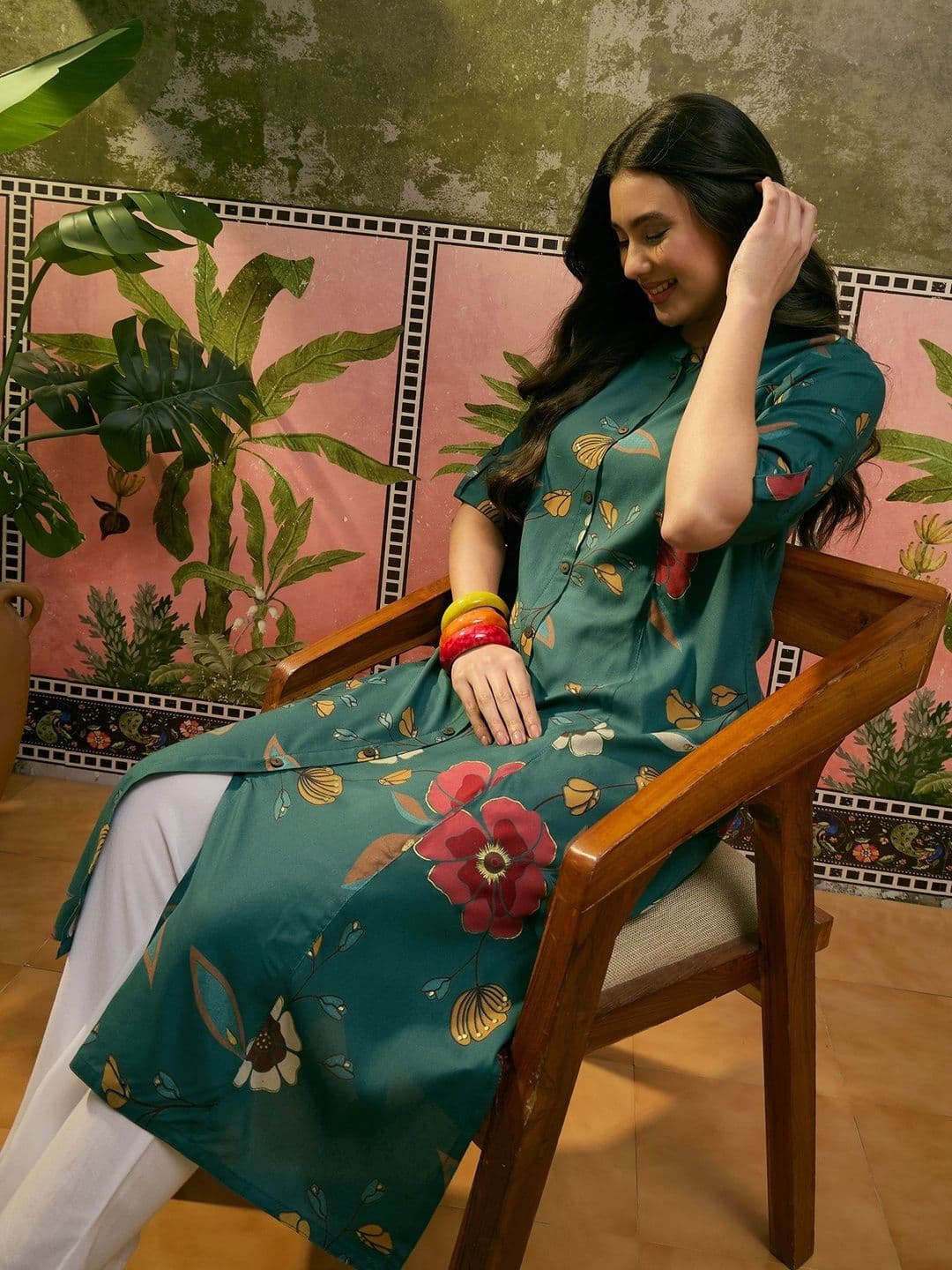 Sangria Printed Pure Cotton Mandarin Collar Calf Length A-Line Kurta - view 1