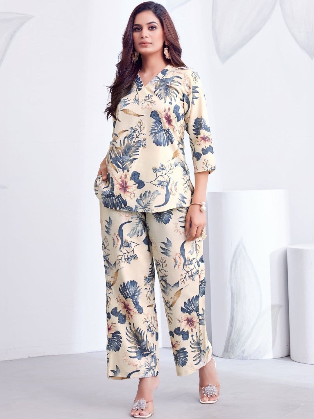 Sangria Tropical Printed Top with Trousers - view 1