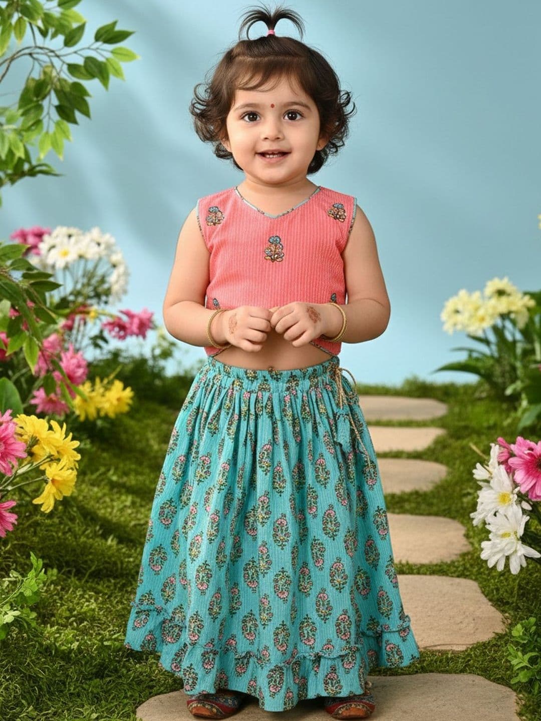 Sangria Girls Green Printed Lehenga With Peach Embroidered Top - view 1