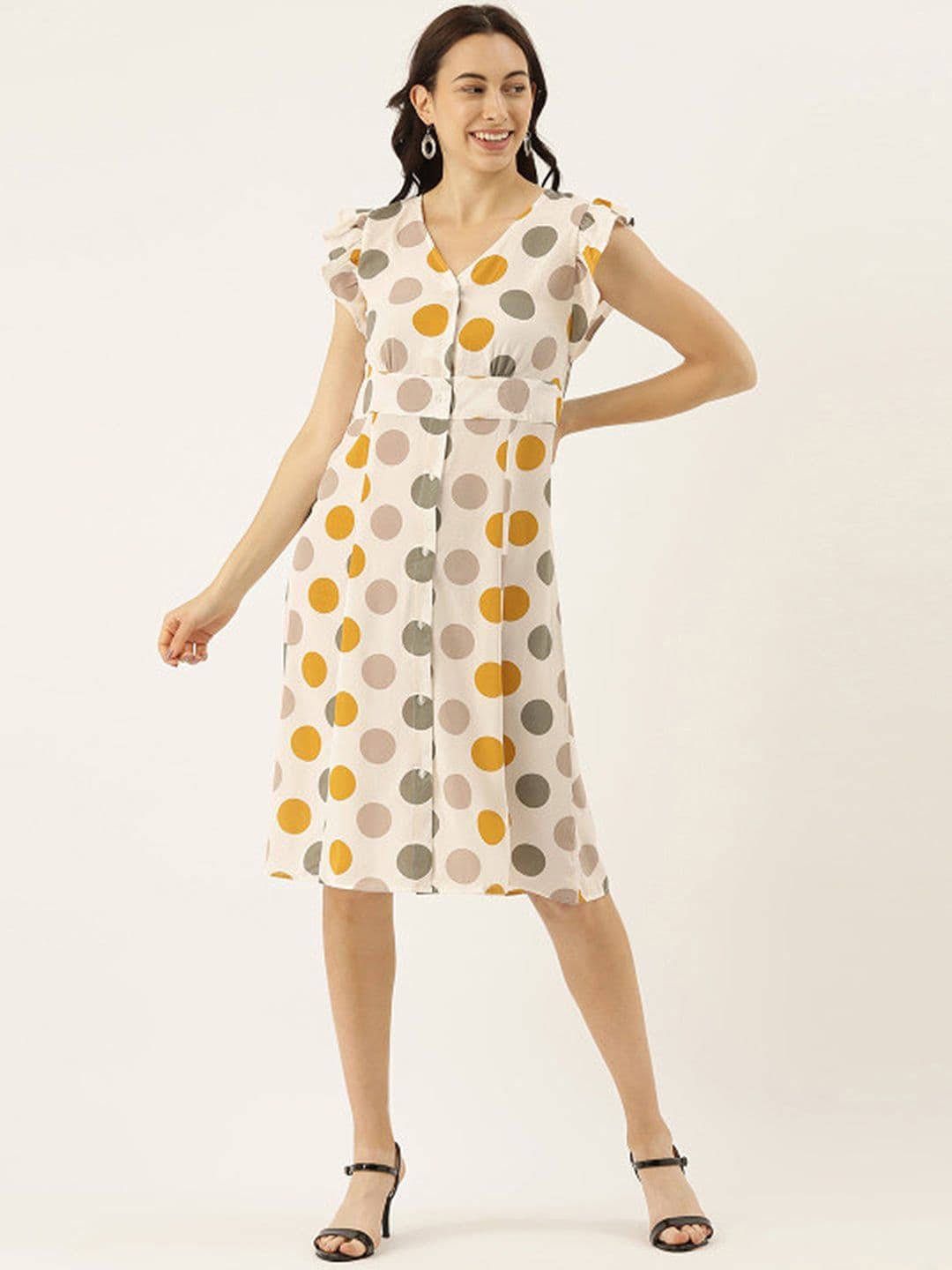 PINACOLADA Women Off-White & Mustard Yellow Polka Dots Printed A-Line Dress - view 1