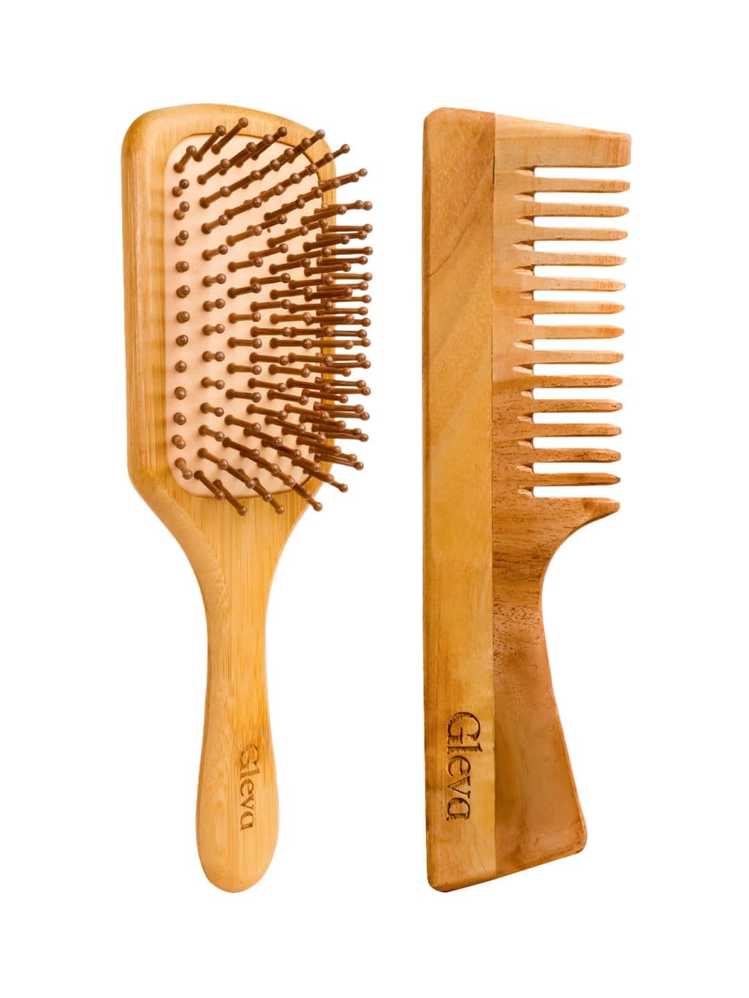 Gleva Set of 2 Neem & Bamboo Wooden Detangling Brush & Combs - Brown - view 1