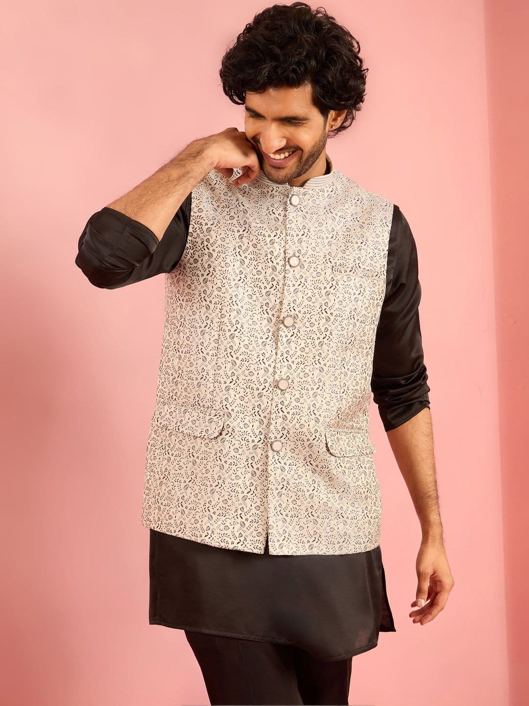 VASTRAMAY Embroidered Mandarian Collar Neck Woven Nehru Jackets - view 1