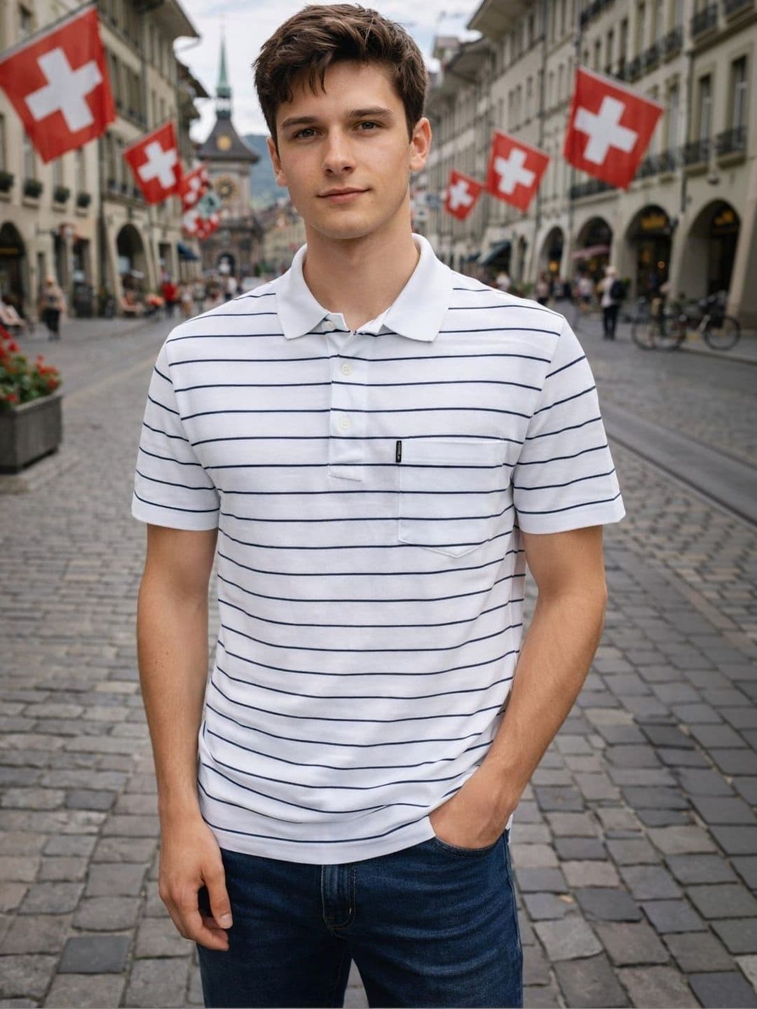 WILD ELEPHANT Men Striped Polo Collar Pockets T-shirt - view 1