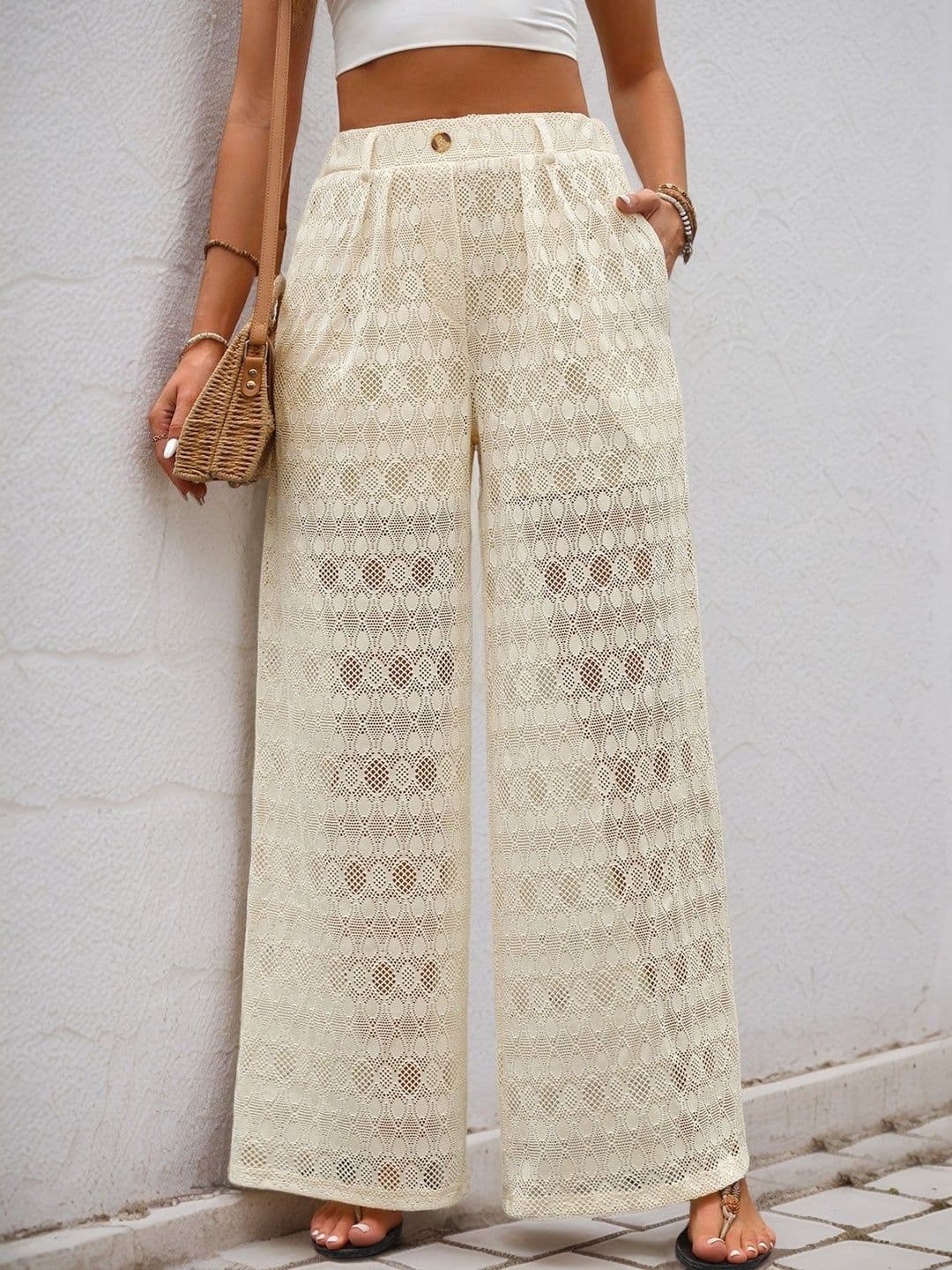 Outzidr Off White Lace Half Lined Pleated Pants - view 1