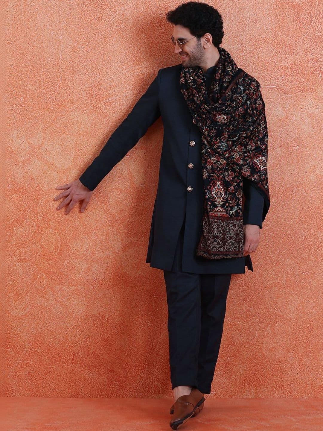 KISAH Mandarin Collar Knee Length Sherwani Set - view 1