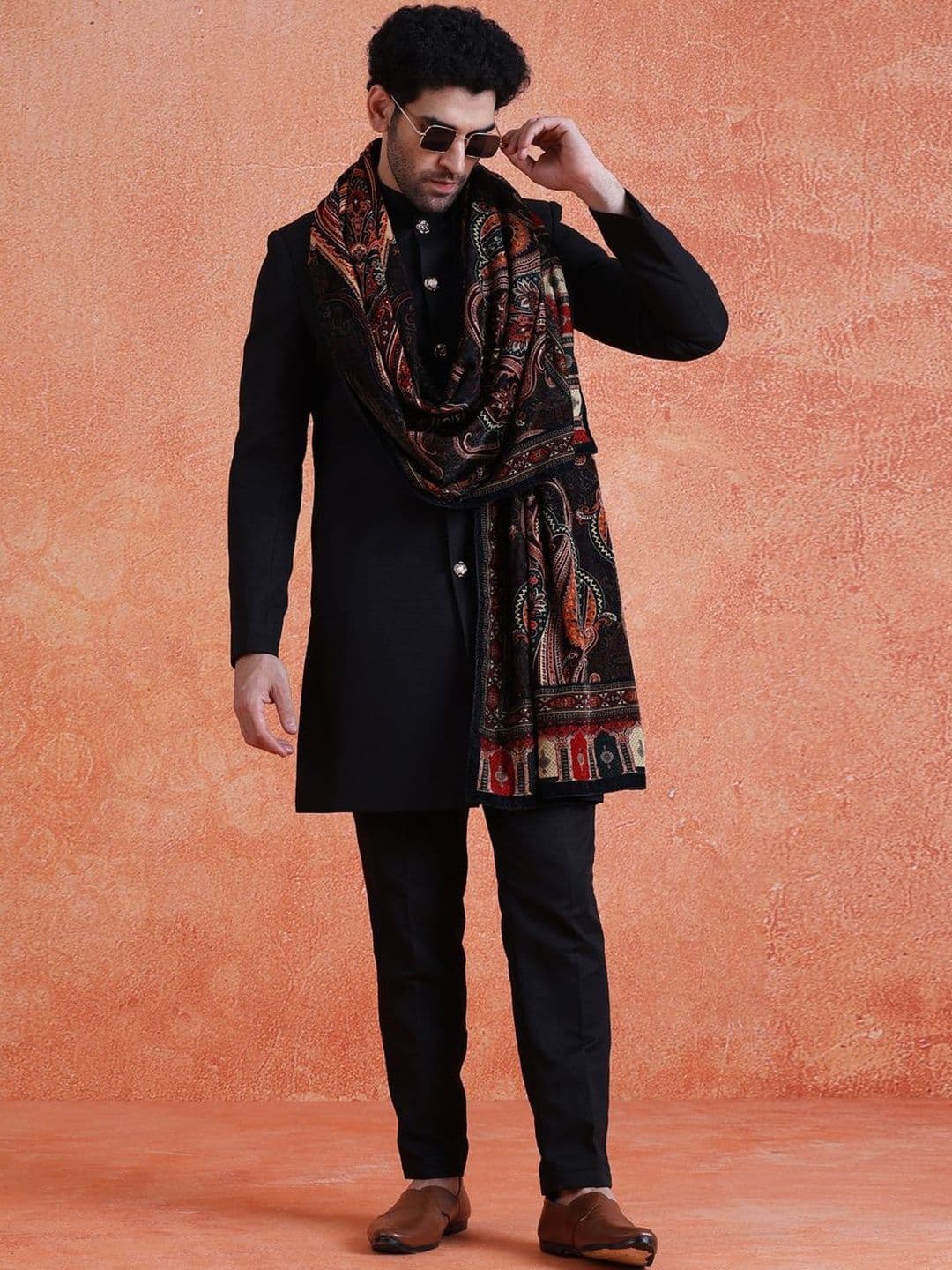 KISAH Mandarin Collar Knee Length Sherwani With Dupatta - view 1