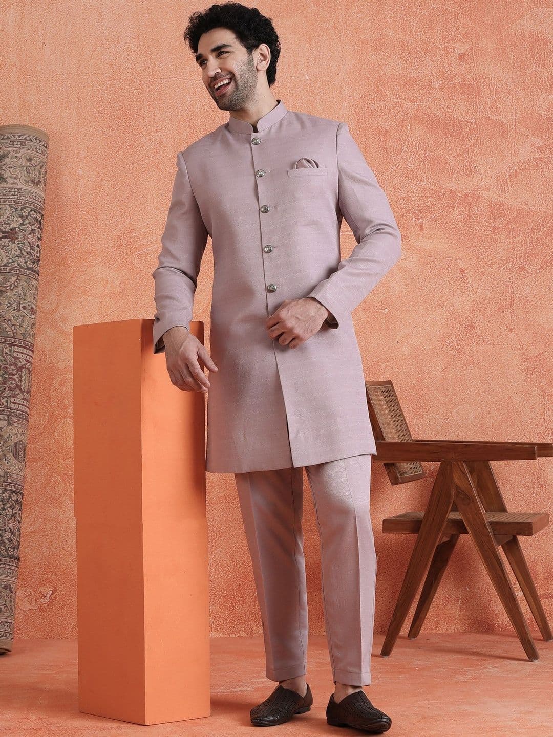 KISAH Mandarin Collar Knee Length Sherwani - view 1