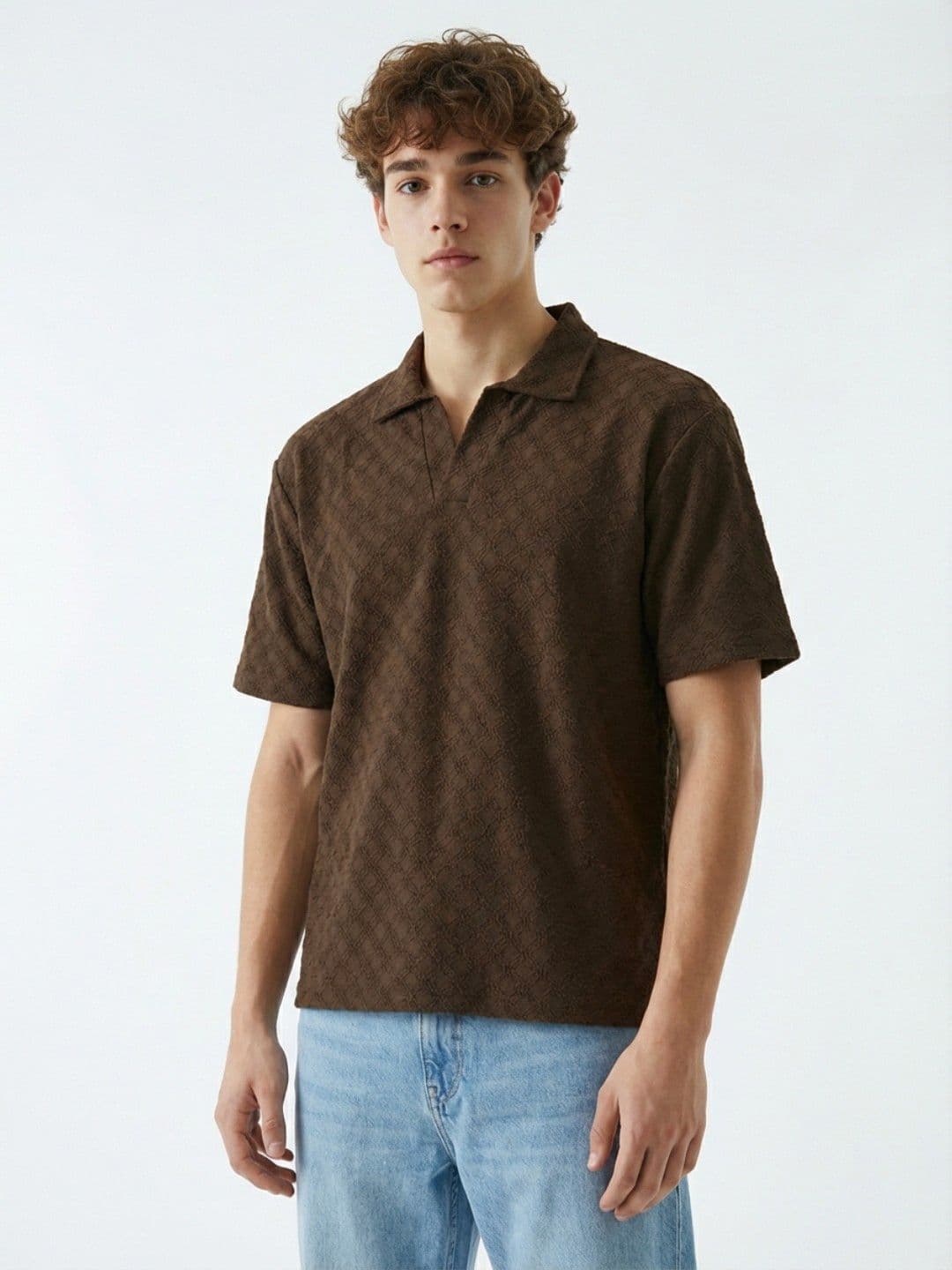 glitchez Relaxed Fit Geometric Self Design Polo Collar Drop-Shoulder Sleeves T-shirt - view 1