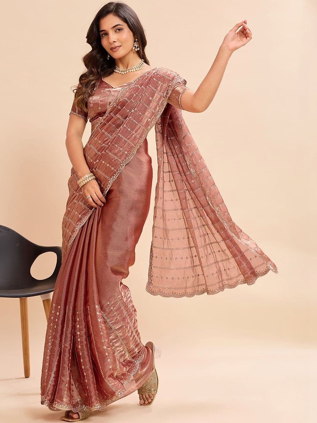 Kandora Embellished Sequinned Pure Chiffon Heavy Work Saree - view 1