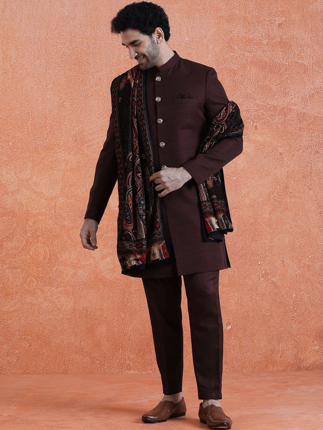 KISAH Mandarin Collar Sherwani With Dupatta - view 1