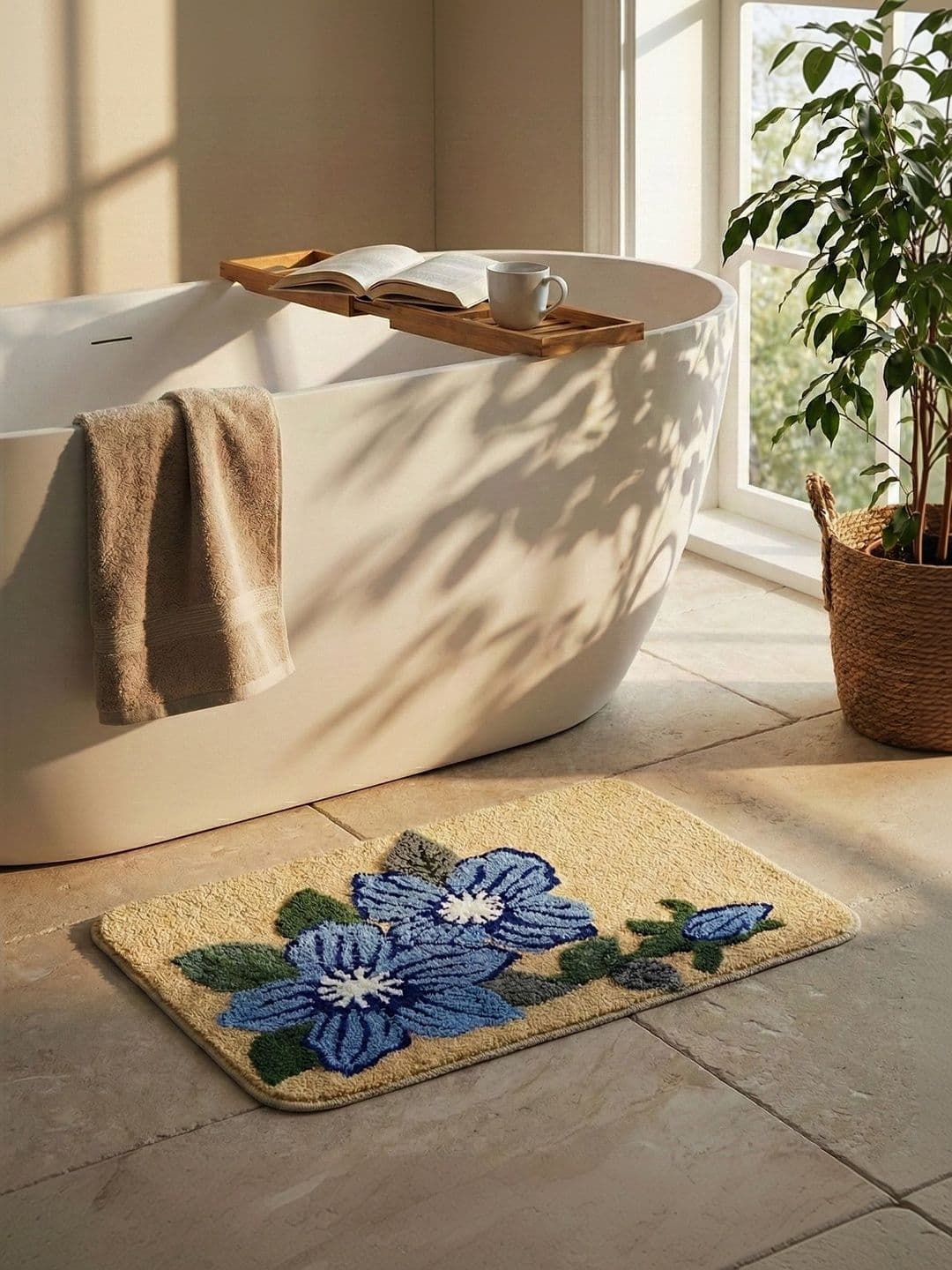 Saral Home Beige & Blue Floral 2050-GSM Anti-Skid Water Absorbing Quick Drying Bath Mat - view 1