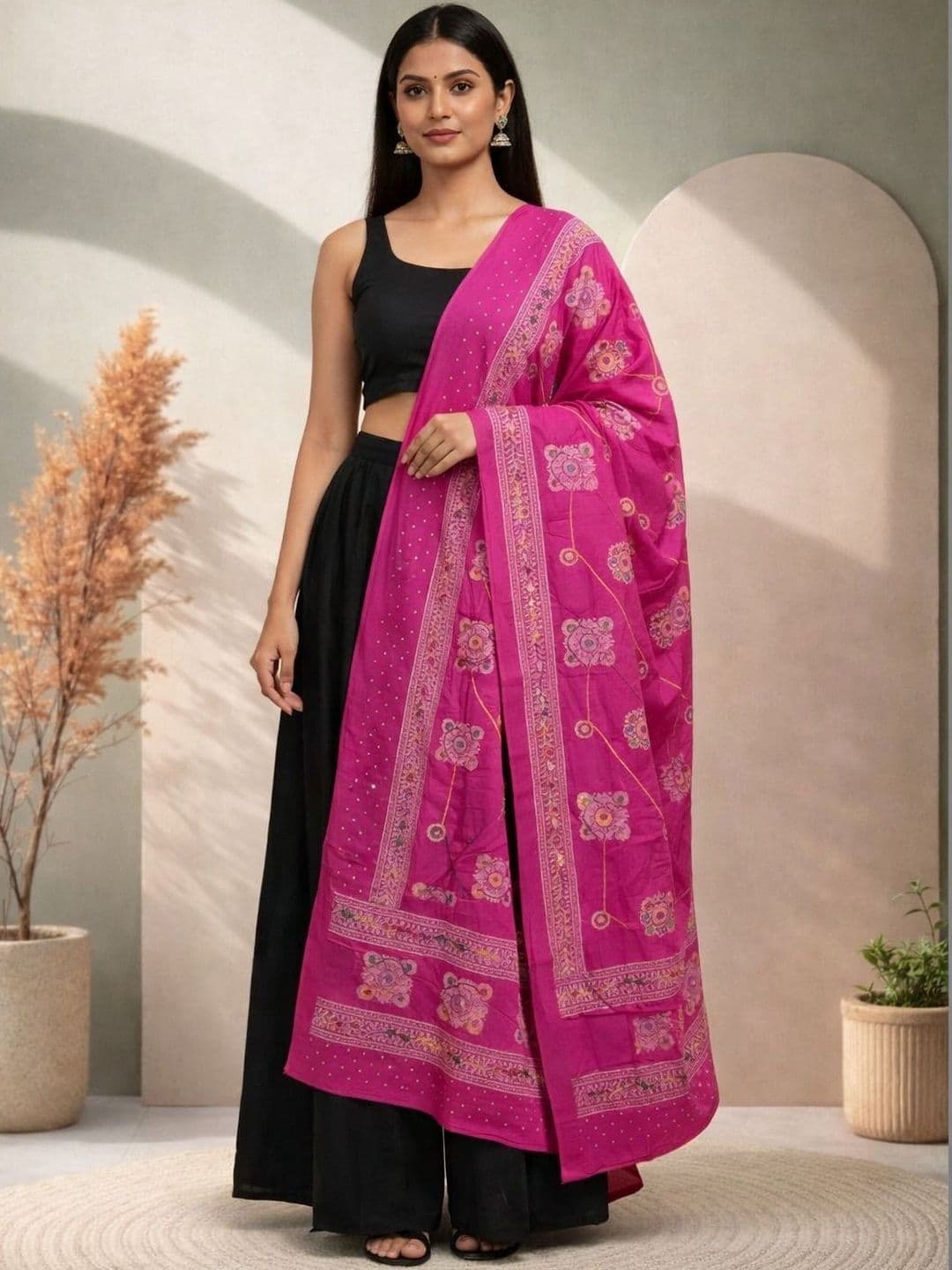 HERE&NOW Ethnic Motifs Embroidered Dupatta with Mirror Work - view 1