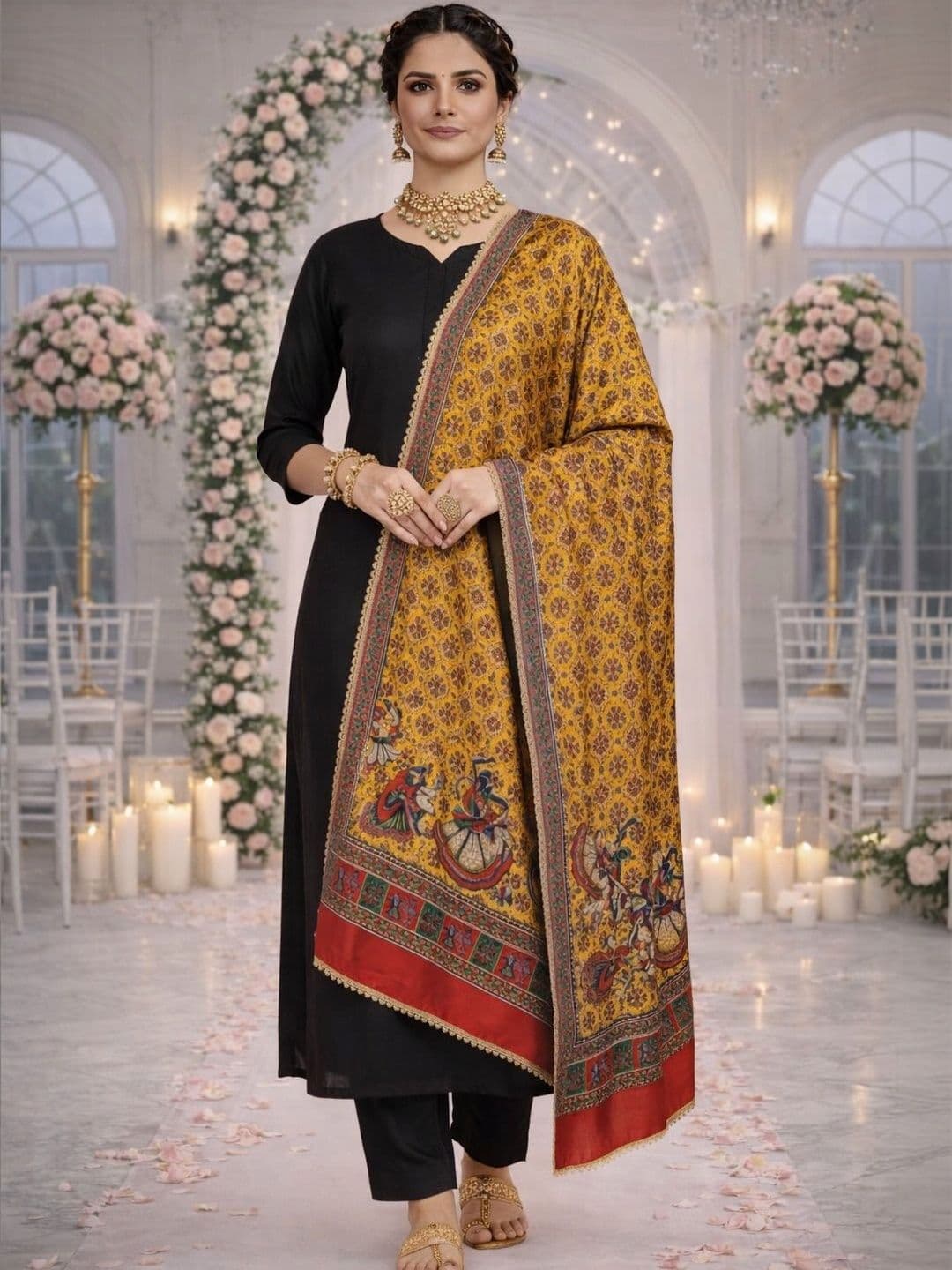 HERE&NOW Ethnic Motifs Printed Kalamkari Dupatta with Gotta Patti - view 1