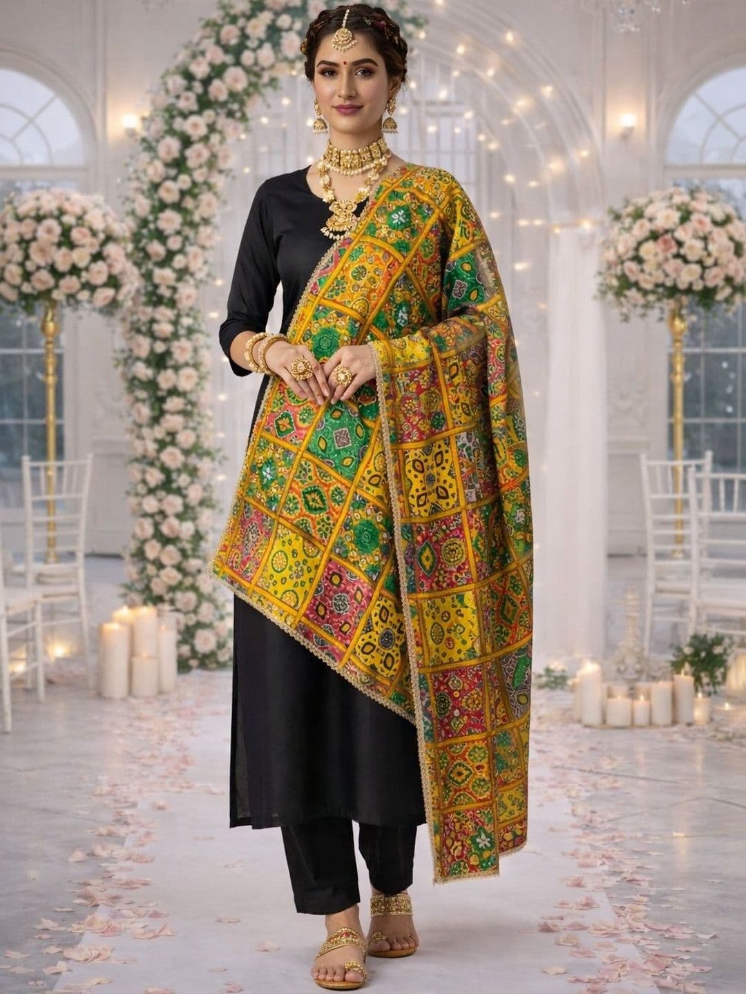 HERE&NOW Ethnic Motifs Printed Kalamkari Dupatta with Gotta Patti - view 1