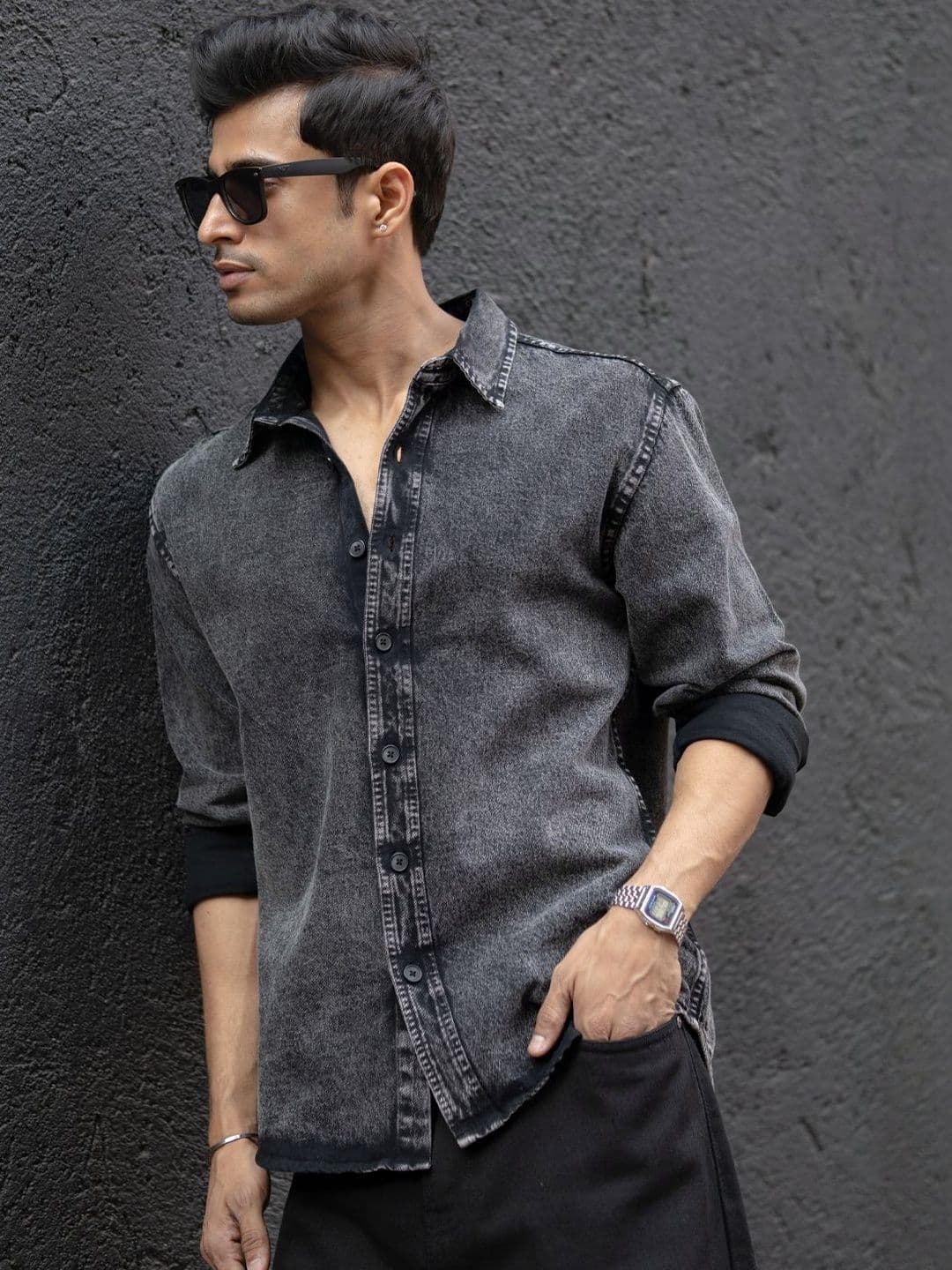 Powerlook Washed Denim Faded Cotton Long Sleeves Shirt - view 1