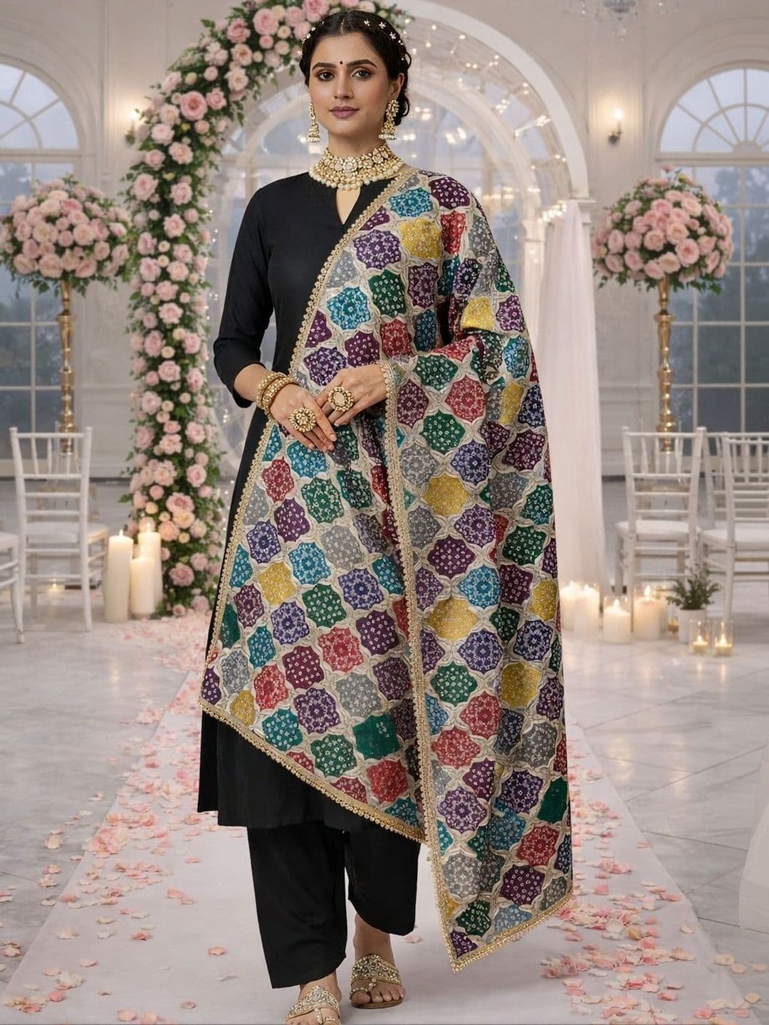 HERE&NOW Ethnic Motifs Woven Design Bandhani Dupatta with Zari - view 1