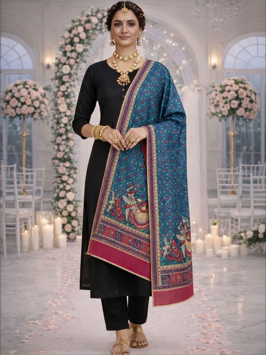 HERE&NOW Ethnic Motifs Printed Kalamkari Dupatta With Gotta Patti - view 1