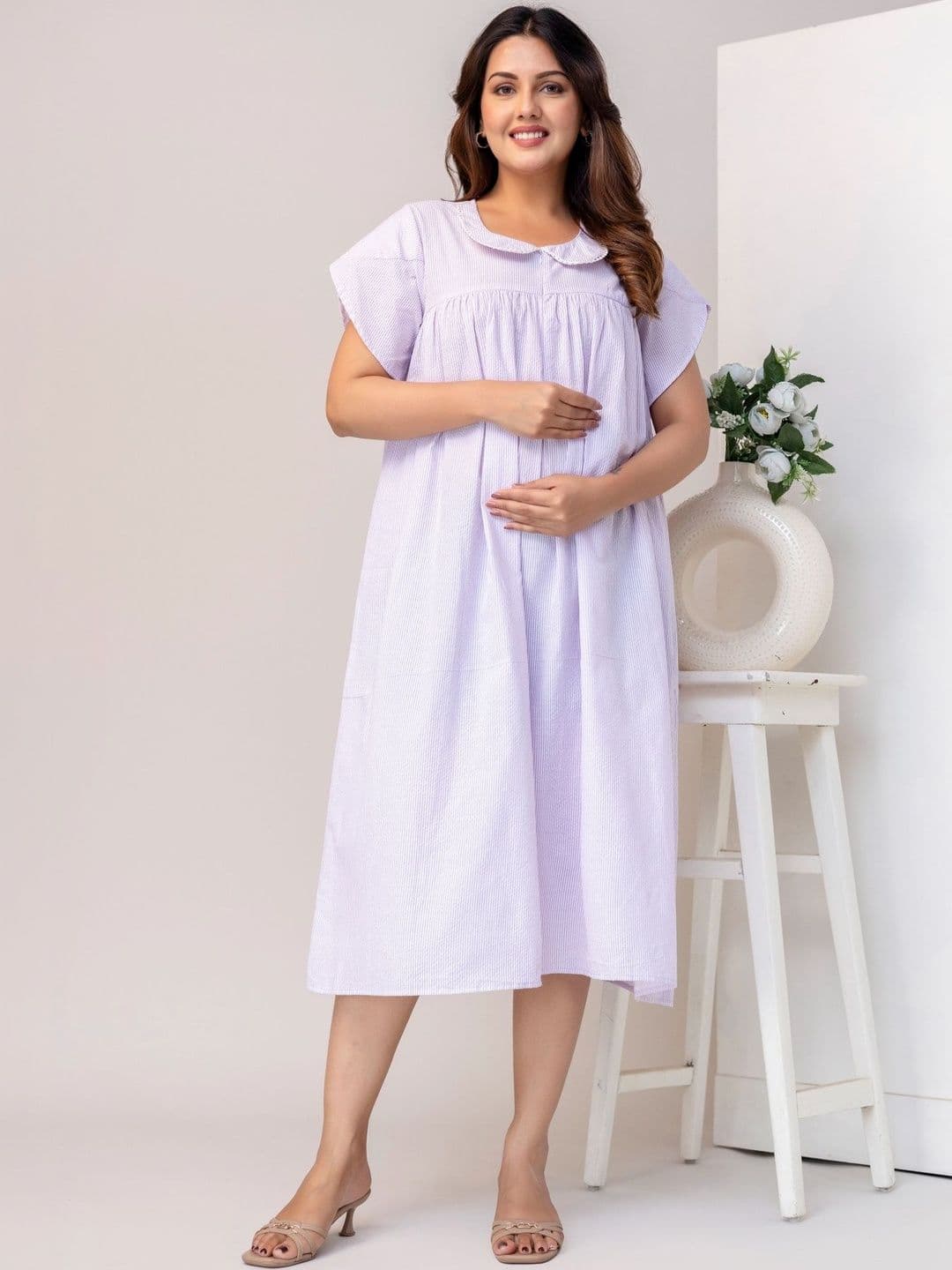 ANNA MONNA Striped Thread Work Maternity Cotton Flared Dress - view 1