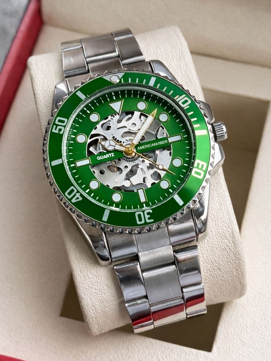 Americanviber Unisex Skeleton Dial & Stainless Steel Bracelet Style Straps Analogue Multi Function Watch - view 1
