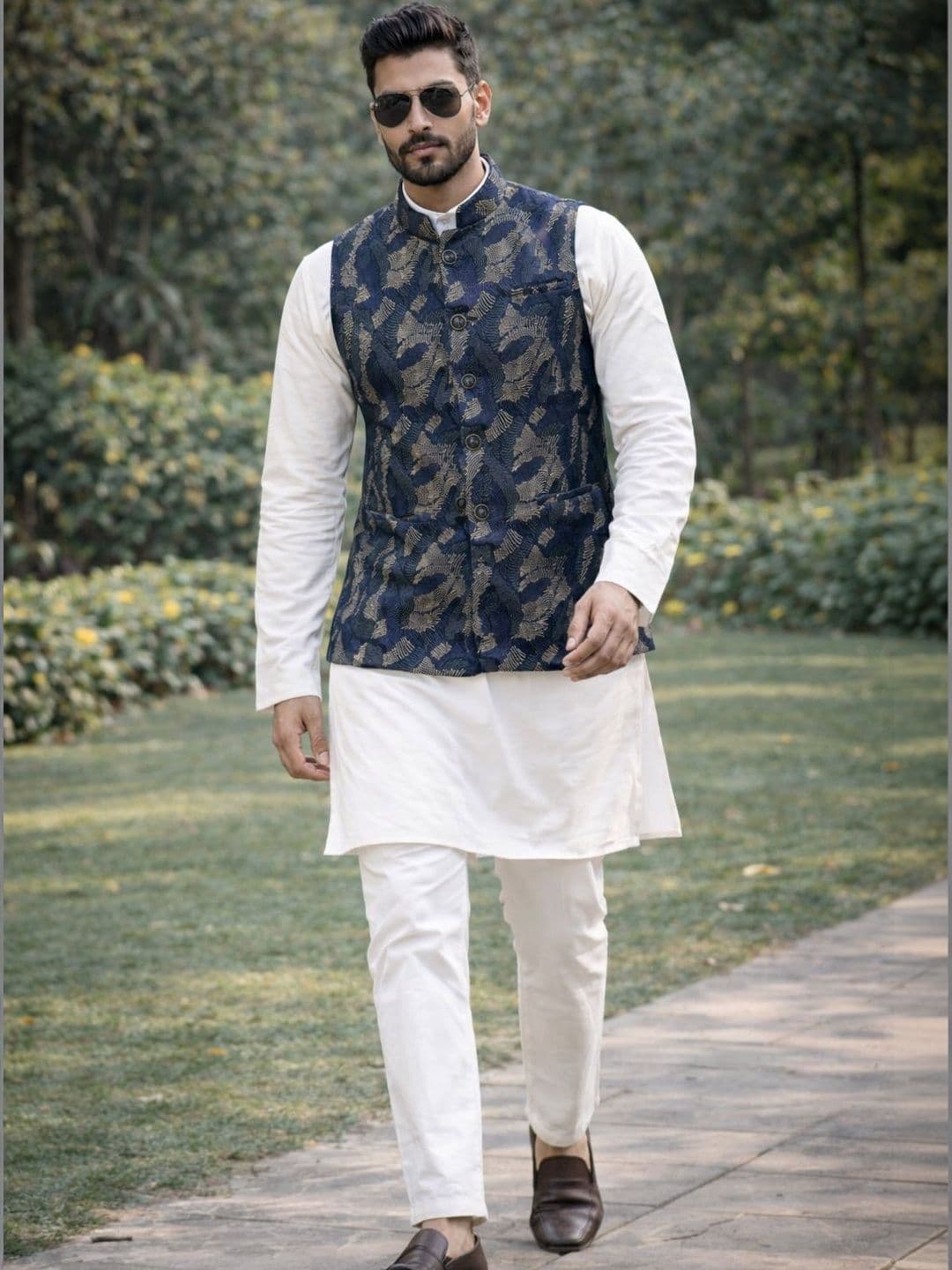 House of Pataudi Woven Designed Mandarin Collar Nehru Jacket - view 1