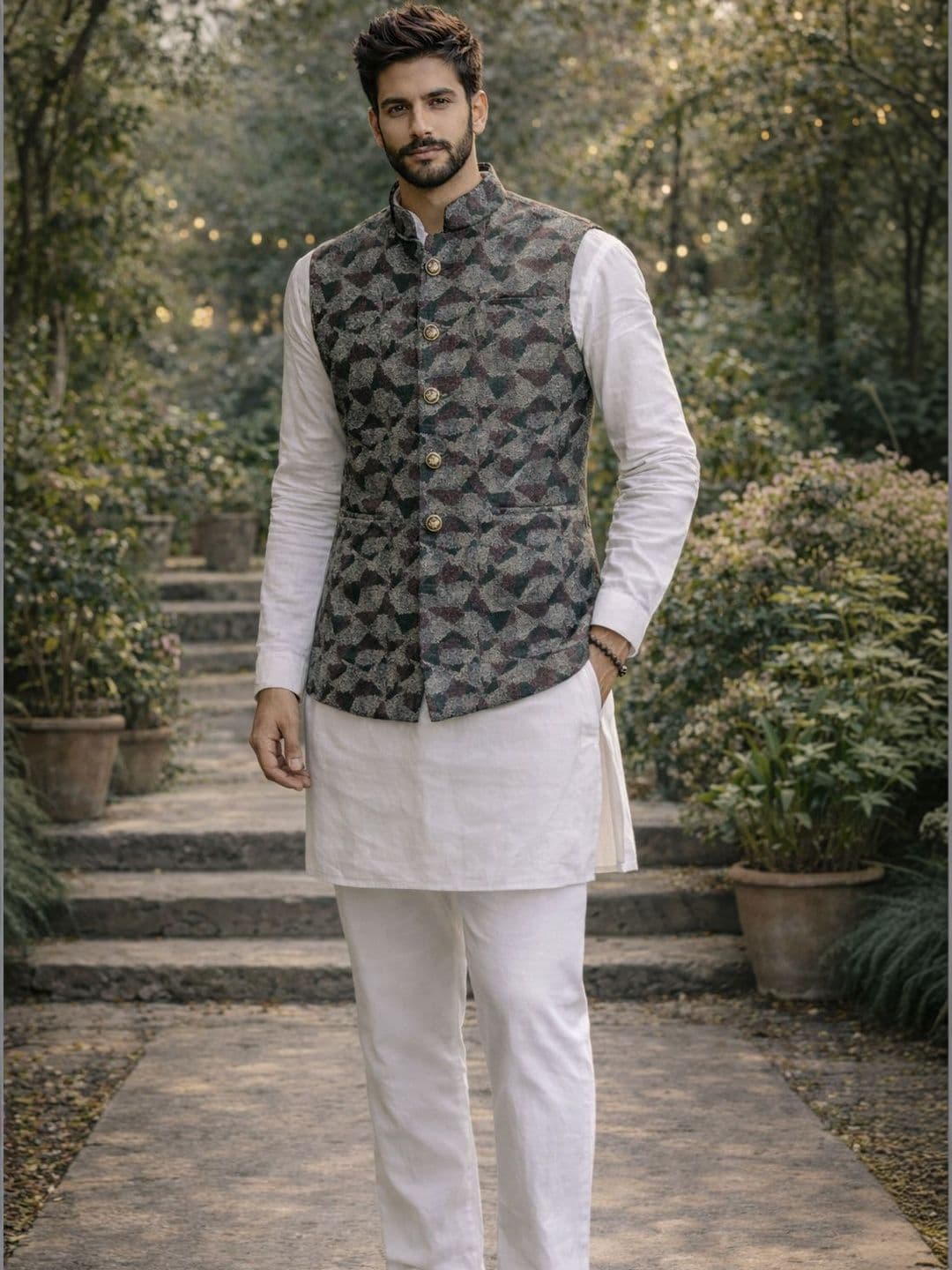 House of Pataudi Woven Designed Mandarin Collar Nehru Jacket - view 1