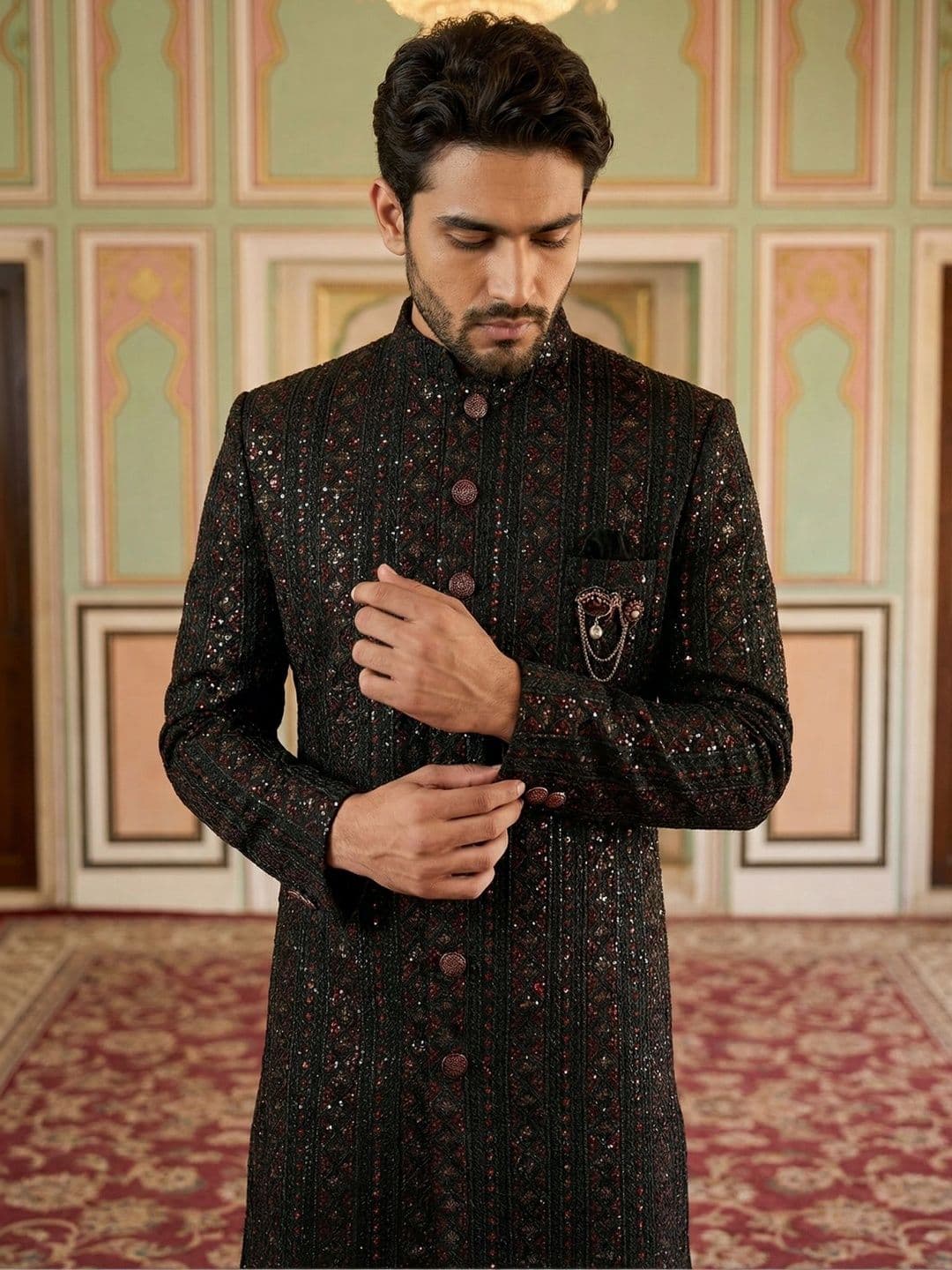 Jompers Embroidered Velvet Indo Western with Trousers - view 1