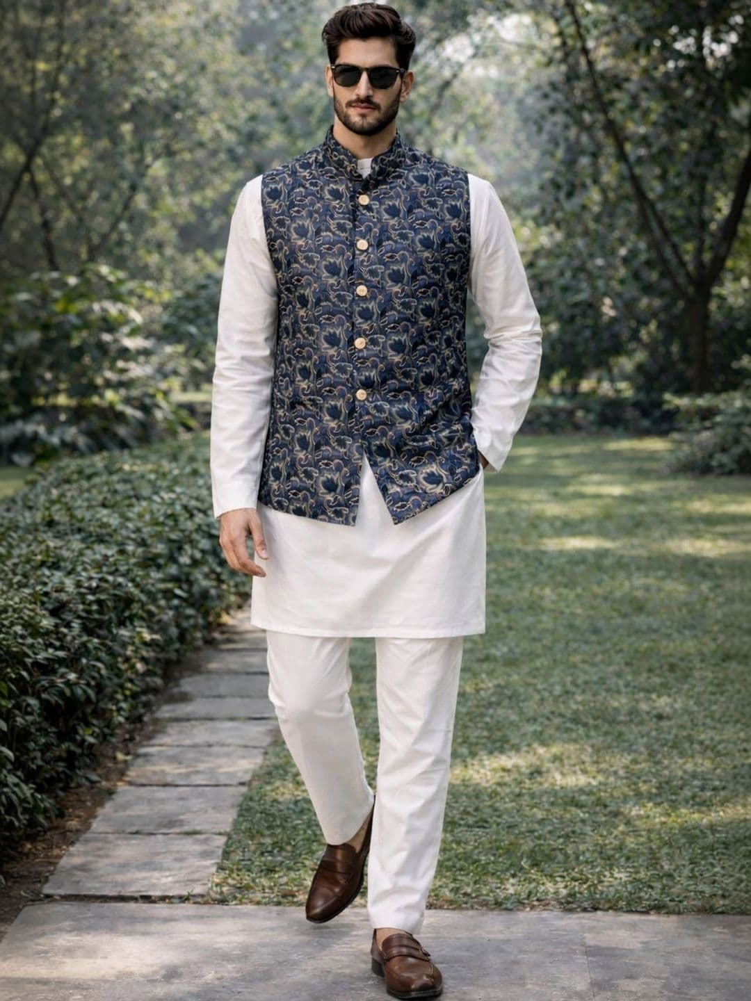 House of Pataudi Woven Designed Mandarin Collar Nehru Jacket - view 1