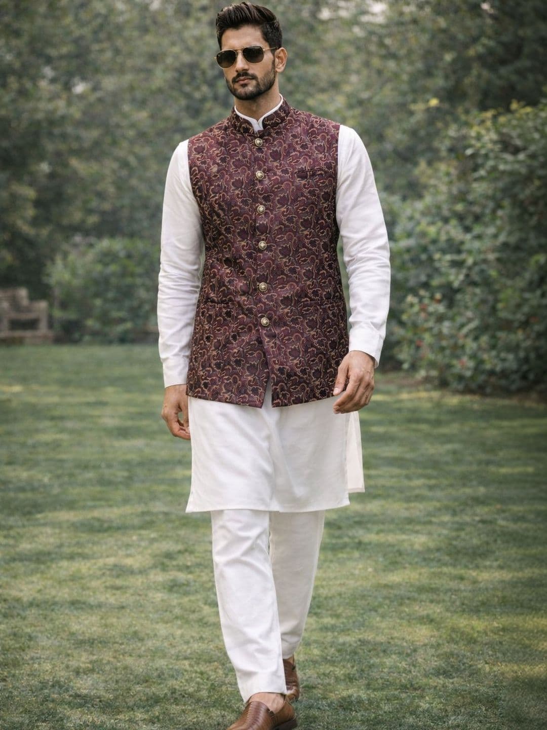 House of Pataudi Woven Designed Mandarin Collar Nehru Jacket - view 1