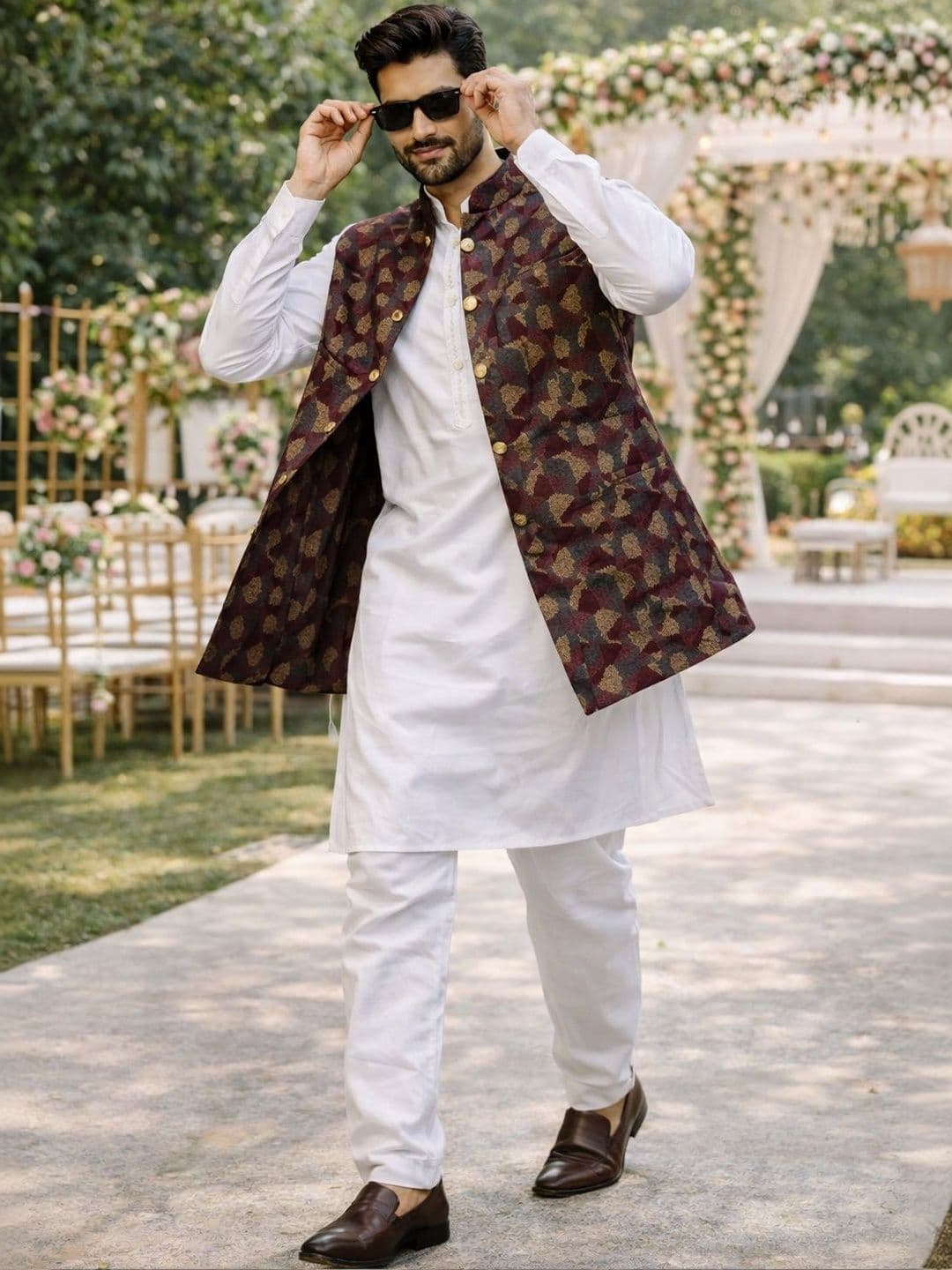 House of Pataudi Woven Designed Mandarin Collar Nehru Jacket - view 1