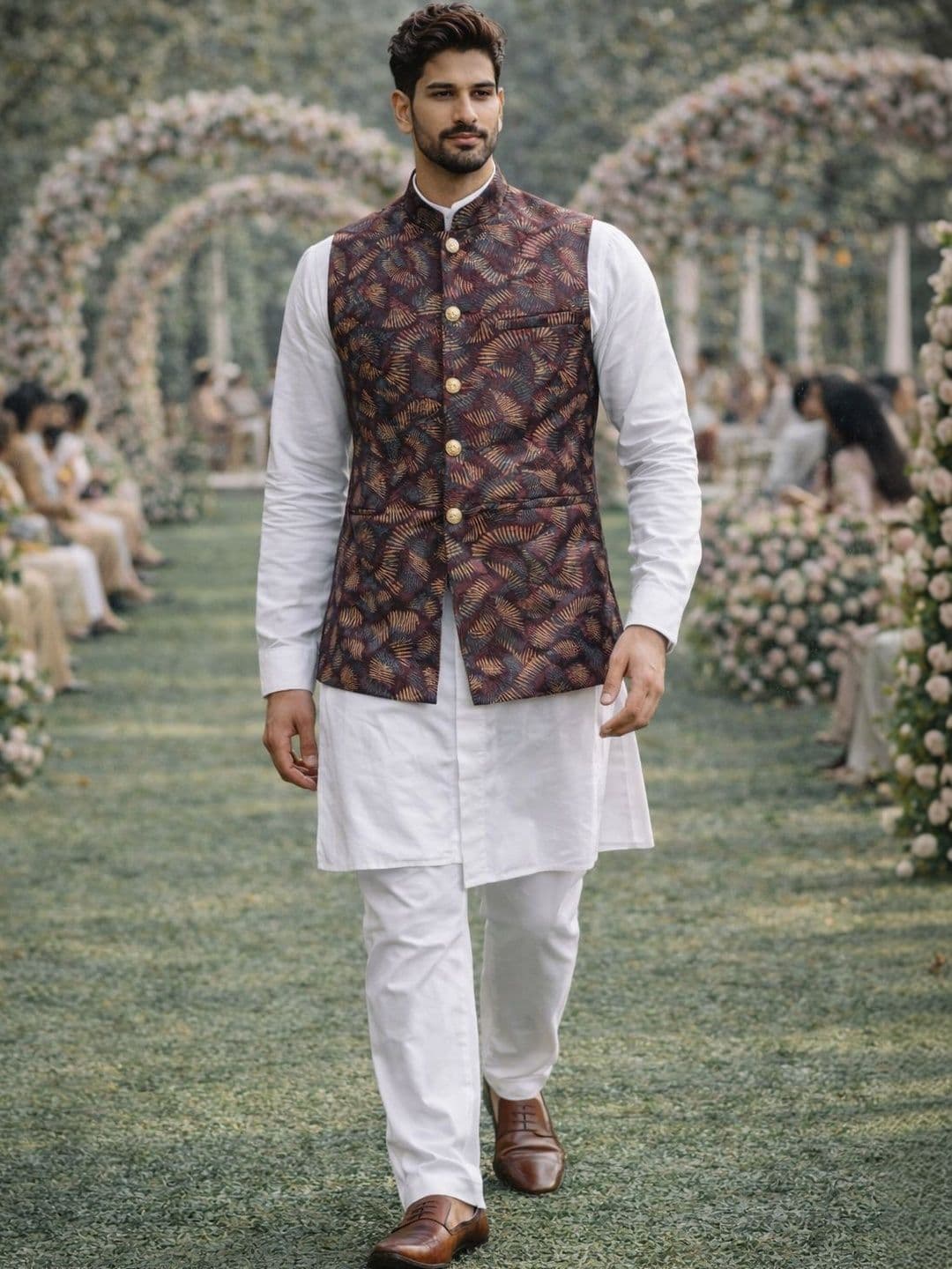 House of Pataudi Woven Designed Mandarin Collar Nehru Jacket - view 1