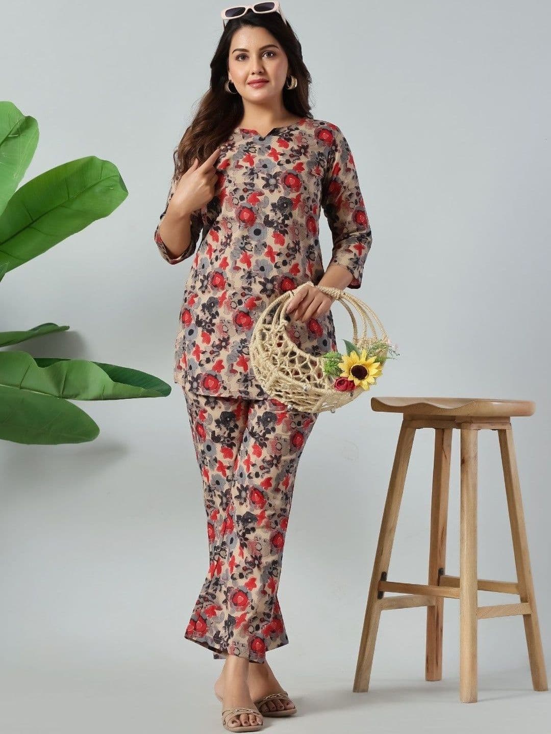Sangria Floral Cotton Printed Tunic with Trousers - view 1