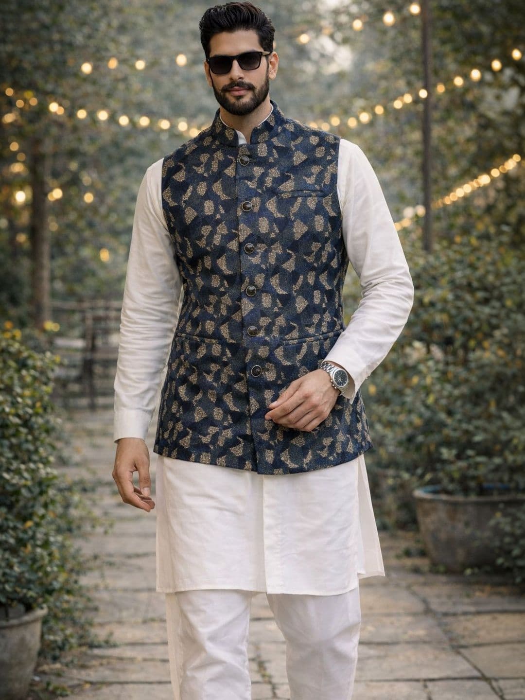 House of Pataudi Woven Designed Mandarin Collar Nehru Jacket - view 1