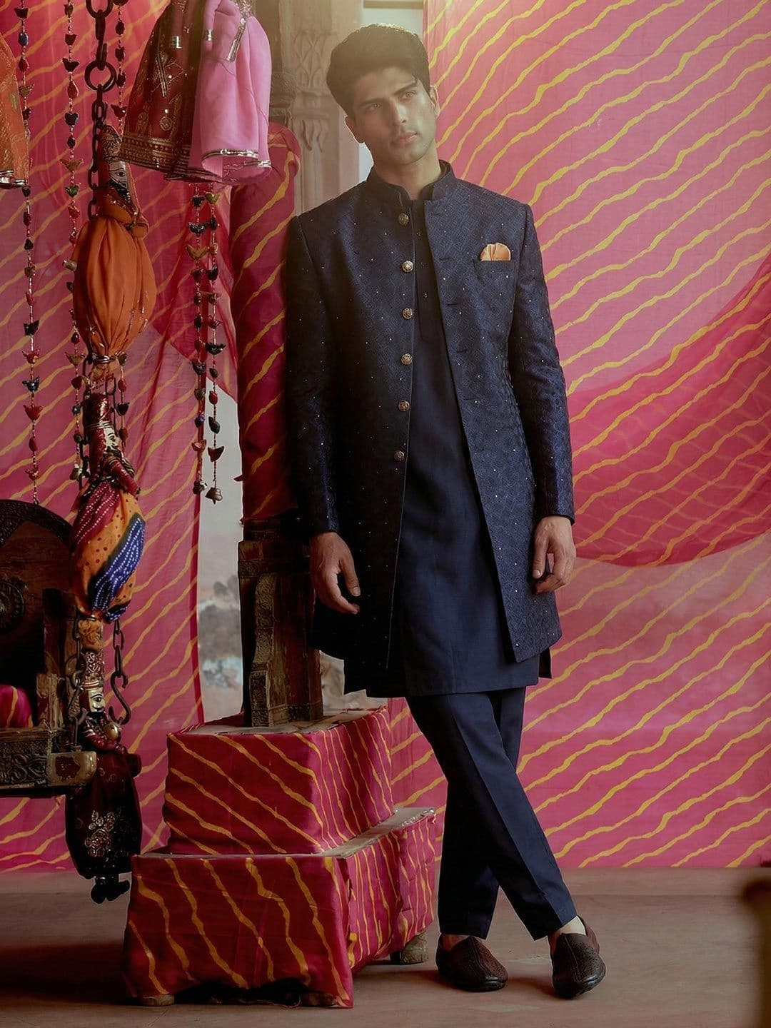 KISAH Men Self-Design Khari Print Kurta With Indowestern Sherwani & Trouser - view 1