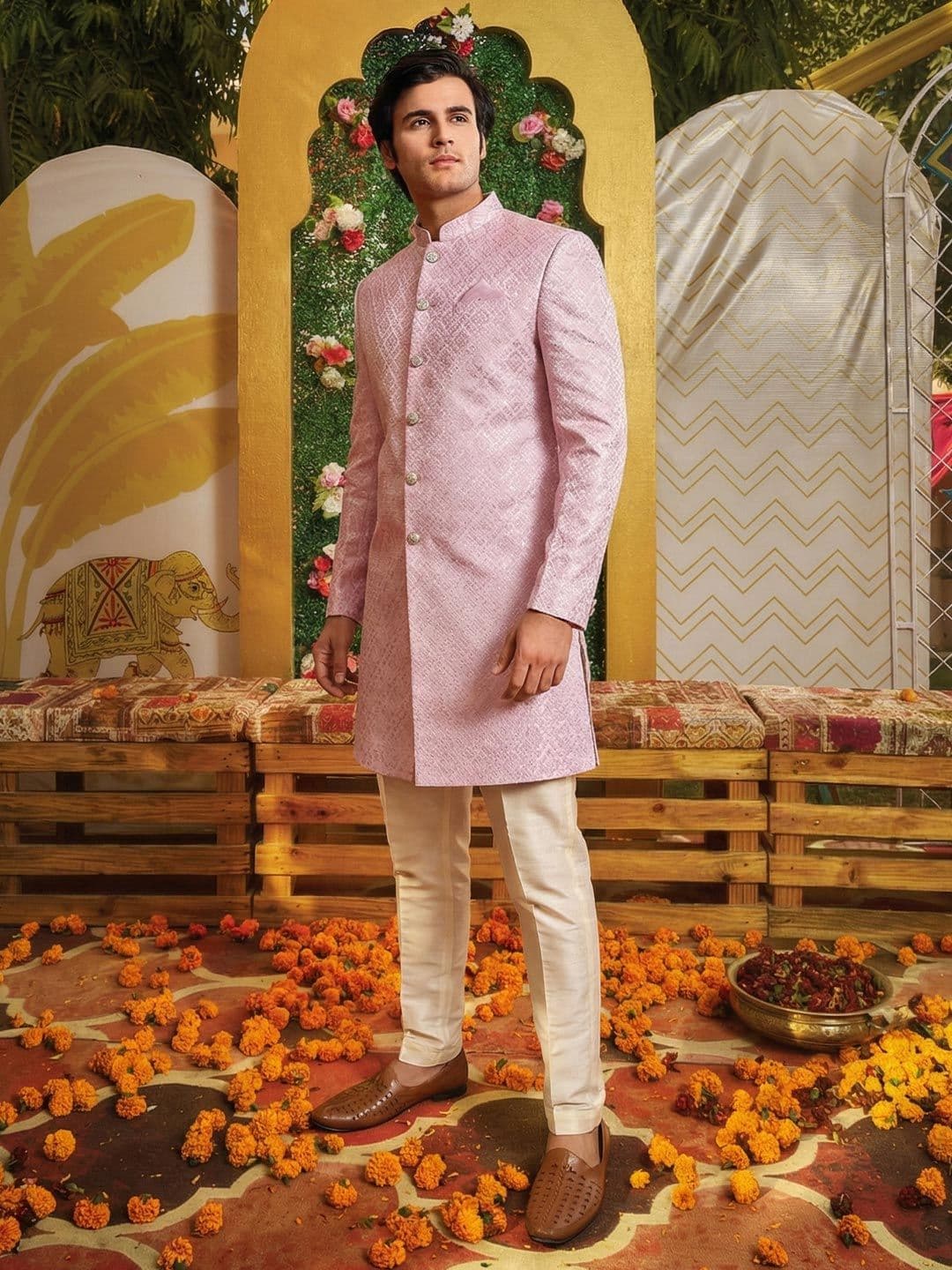 KISAH Men Self Design Mandarin Collar Indowestern Sherwani Set - view 1