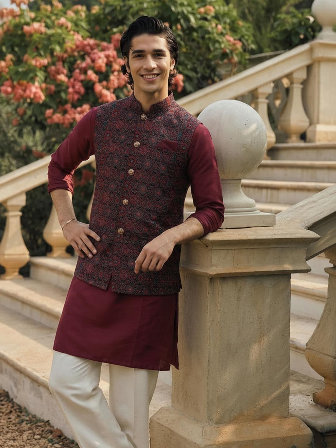 KISAH Men Woven Jacquard Zari Regular Fit Nehru Jacket - view 1