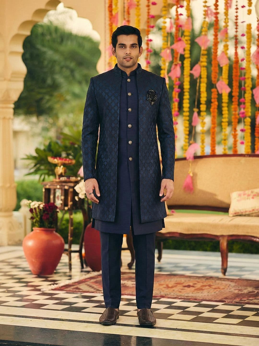 KISAH Men Jacquard Regular Fit Ethnic Motifs Jacket Sherwani Trouser Set - view 1
