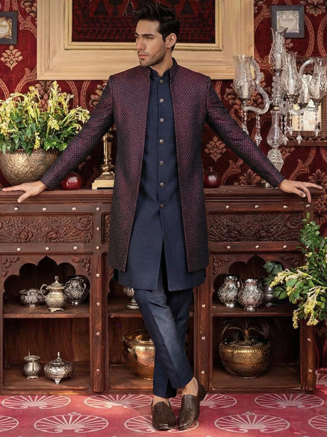 KISAH Men Mandarin Collar Silk Indowestern Sherwani with Trouser Set - view 1