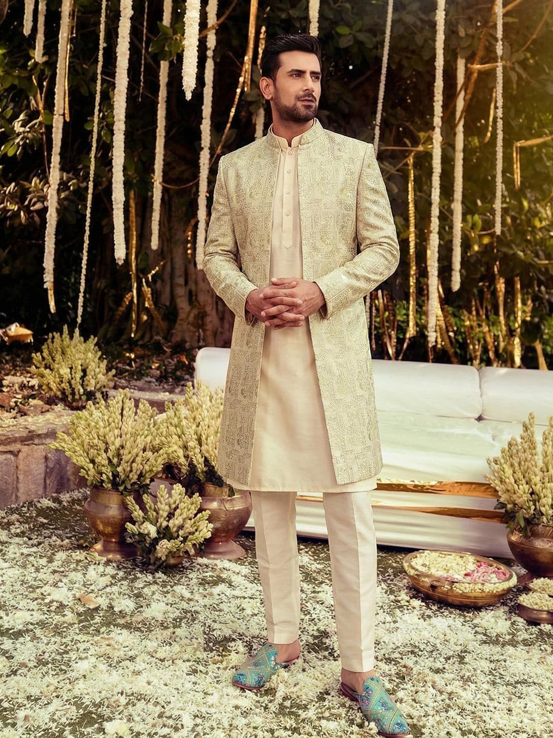 KISAH Men Self-Design Cotton Indowestern Sherwani Trouser Set - view 1