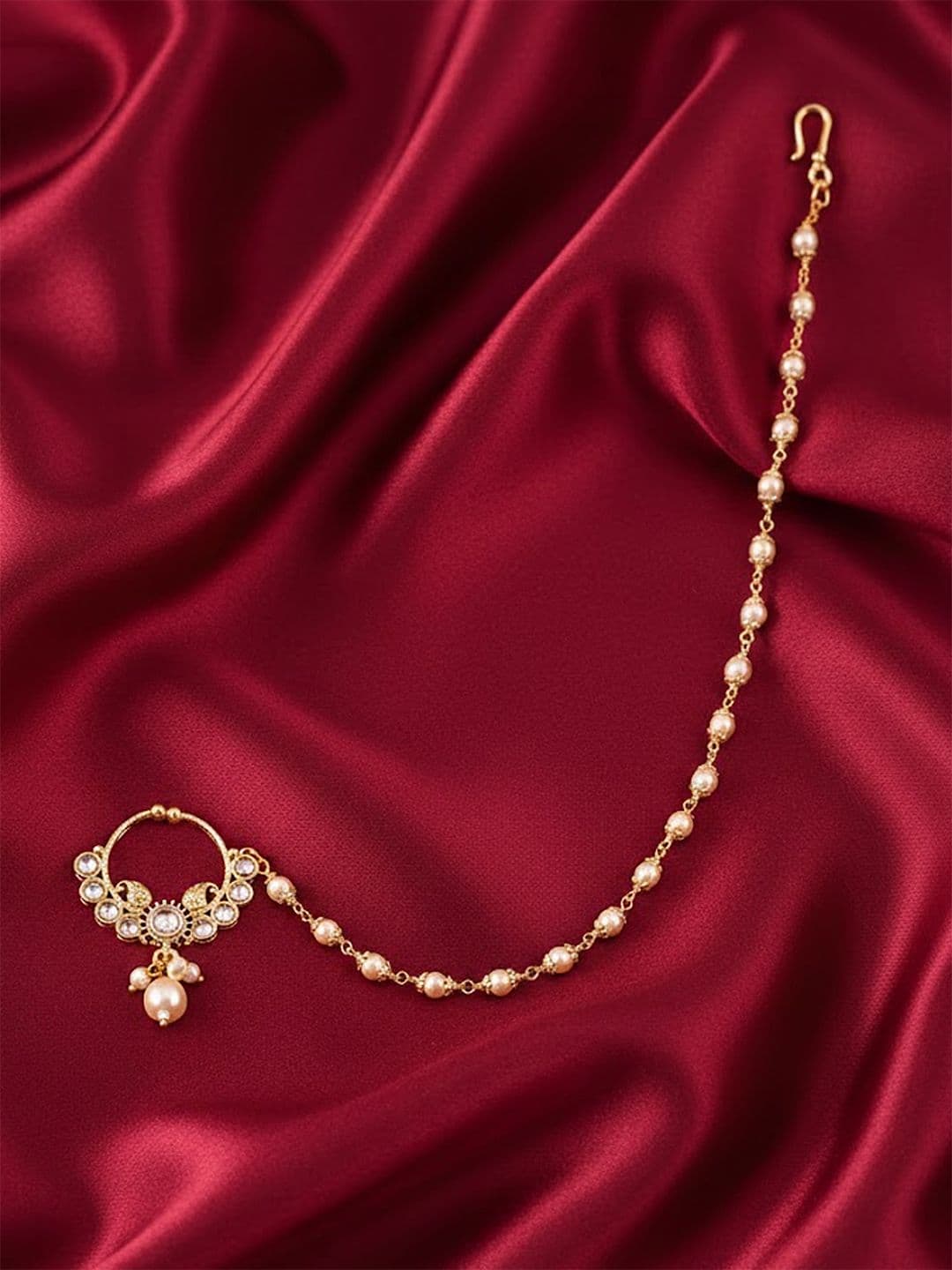 Adwitiya Collection Gold-Plated Kundan Studded Traditional Curry Design Chained Nose Ring - view 1