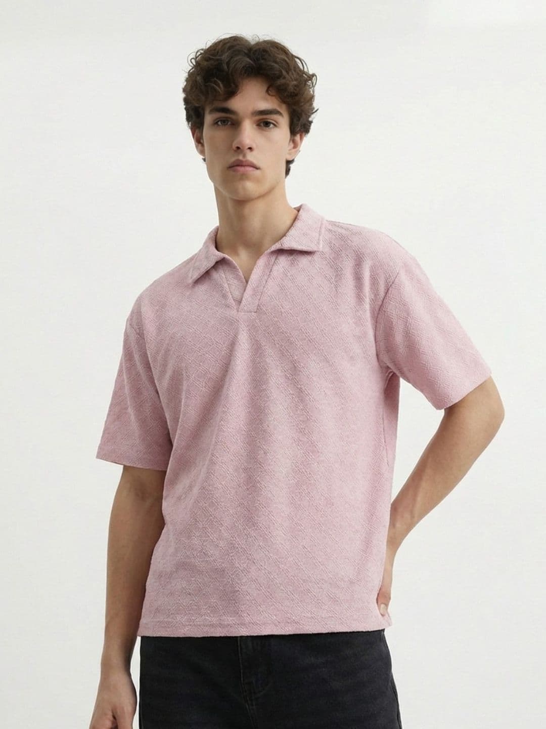 glitchez Men Textured Drop-Shoulder Sleeves Polo Collar Relaxed Fit T-shirt - view 1
