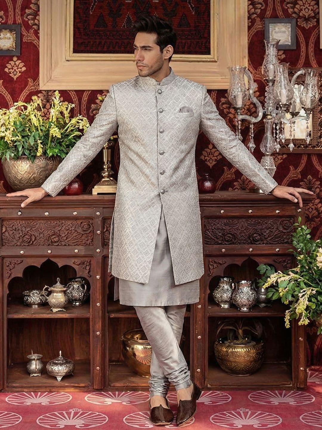 KISAH Men Woven-Design Cotton Indowestern Sherwani Set - view 1