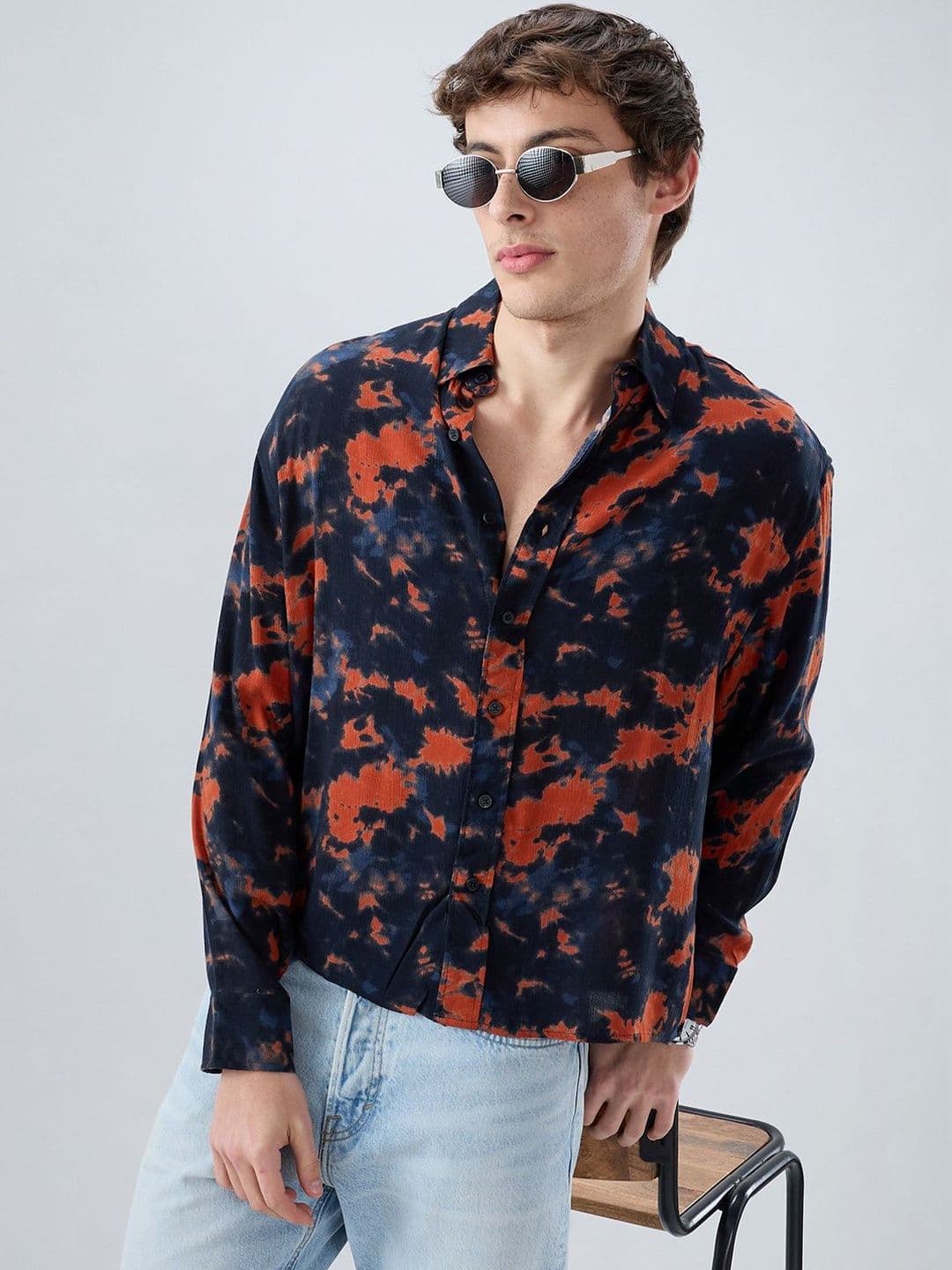 VASTRADO Burnt Orange Tie-Dye Printed Boxy Fit Crop Shirt - view 1
