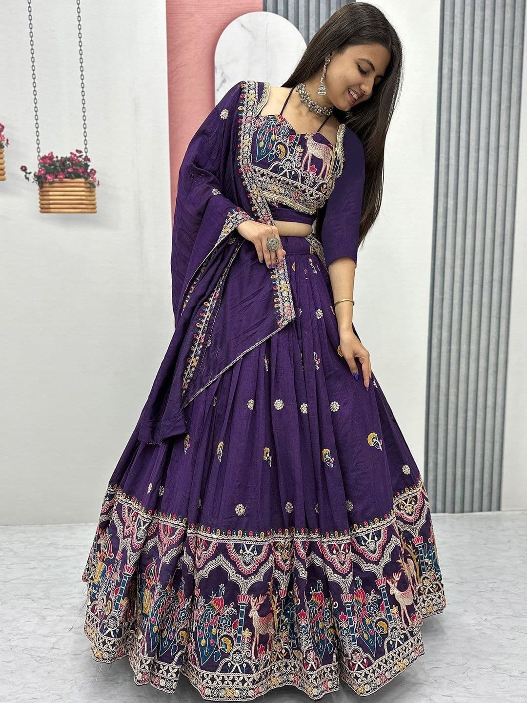 SIDDESHWARY FAB Embroidered Thread Work Semi-Stitched Lehenga & Blouse With Dupatta - view 1