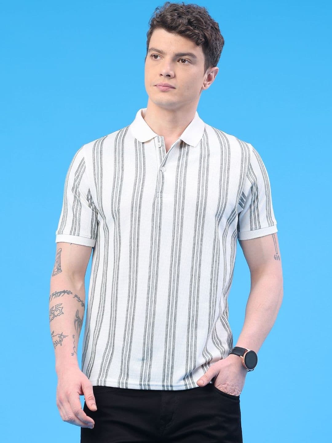 V-Mart Men Striped Polo Collar Slim Fit T-shirt - view 1