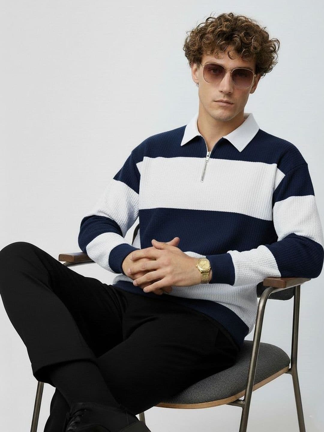 R.Code by The Roadster Life Co. Men Striped Polo Collar T-shirt - view 1