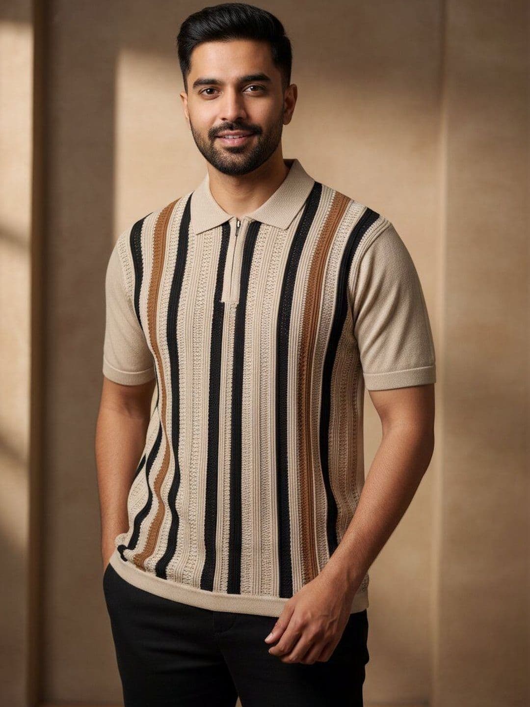 The Roadster Lifestyle Co Striped Pure Cotton Polo Collar Tshirt - view 1