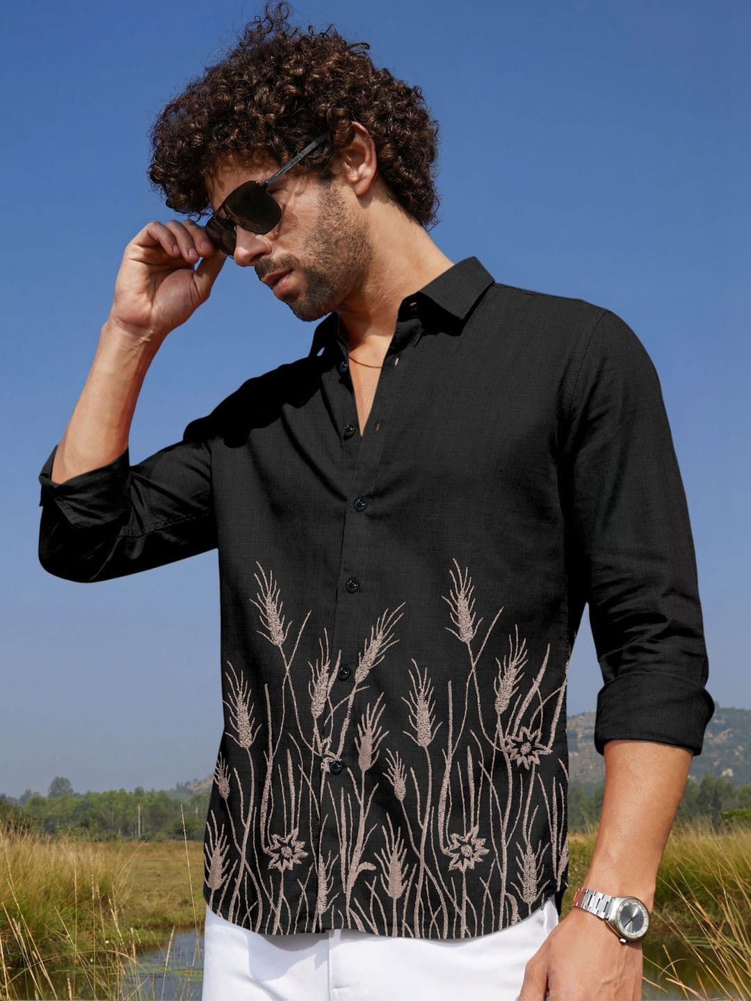 SANBROS Men Floral Embroidery Casual Shirt - view 1